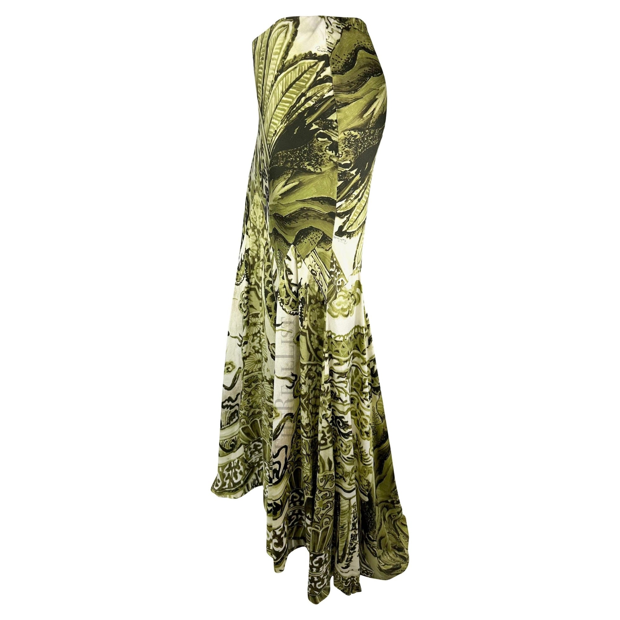 F/W 2005 Roberto Cavalli Green Ming Vase Print Silk Maxi Skirt - RealList