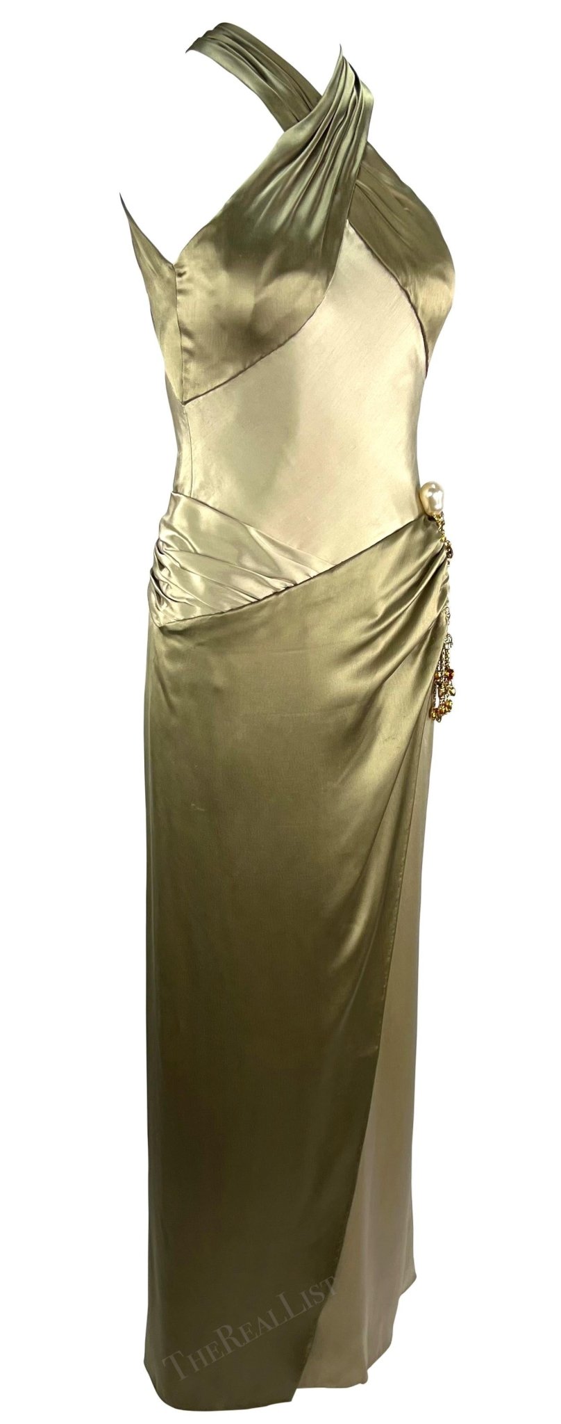 F/W 2005 Valentino Haute Couture Olive Green Silk Metal Embellished Runway Gown - RealList