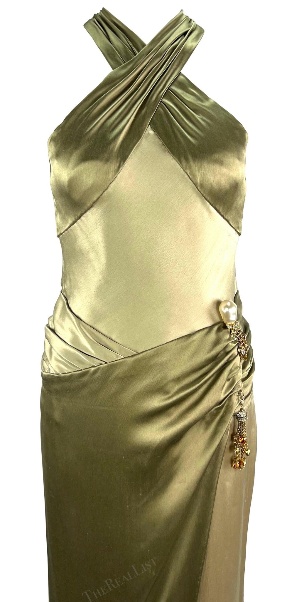 F/W 2005 Valentino Haute Couture Olive Green Silk Metal Embellished Runway Gown - RealList