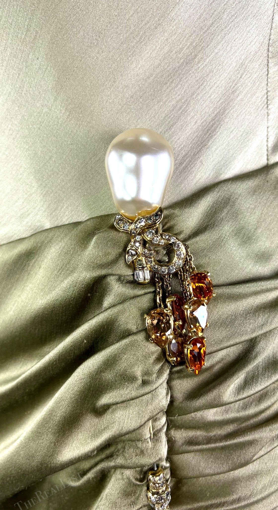 F/W 2005 Valentino Haute Couture Olive Green Silk Metal Embellished Runway Gown - RealList