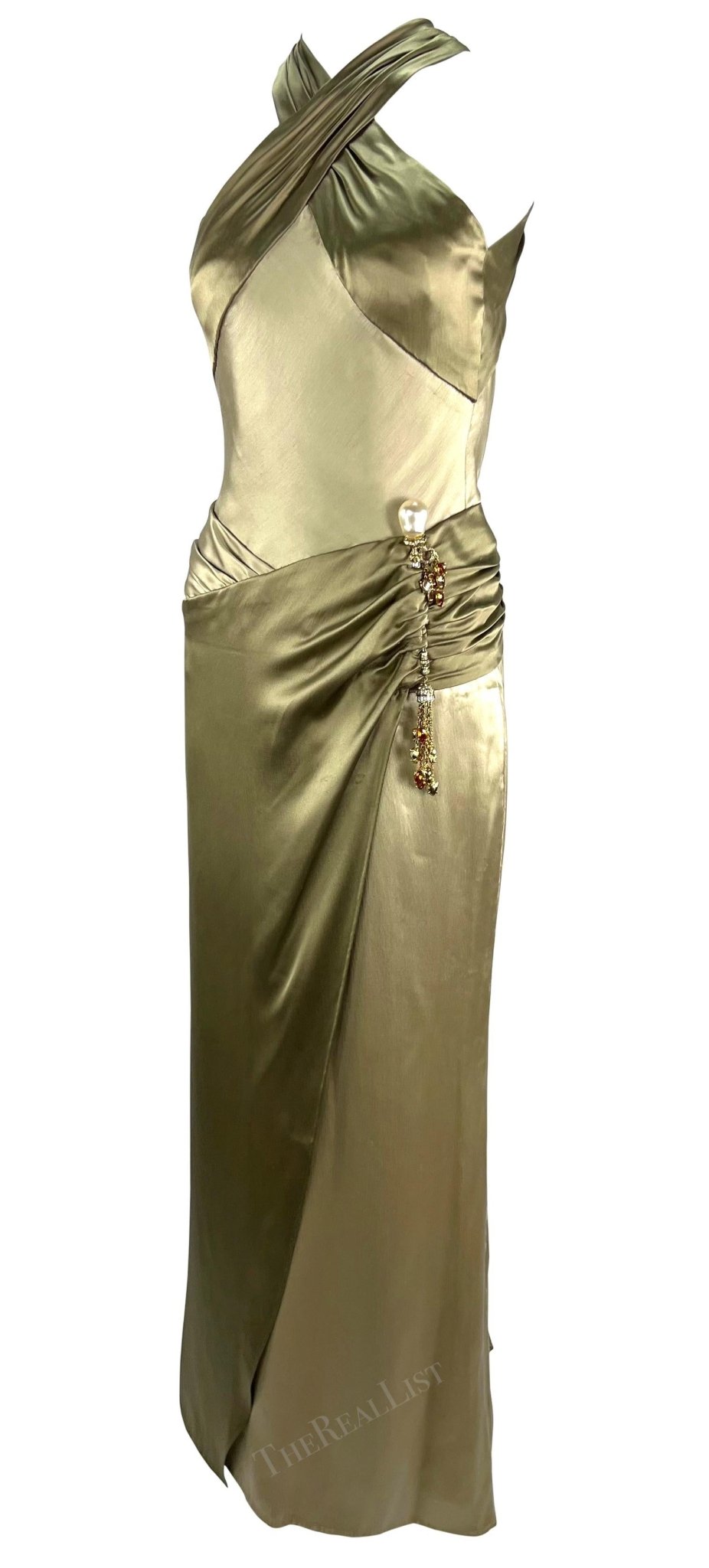 F/W 2005 Valentino Haute Couture Olive Green Silk Metal Embellished Runway Gown - RealList