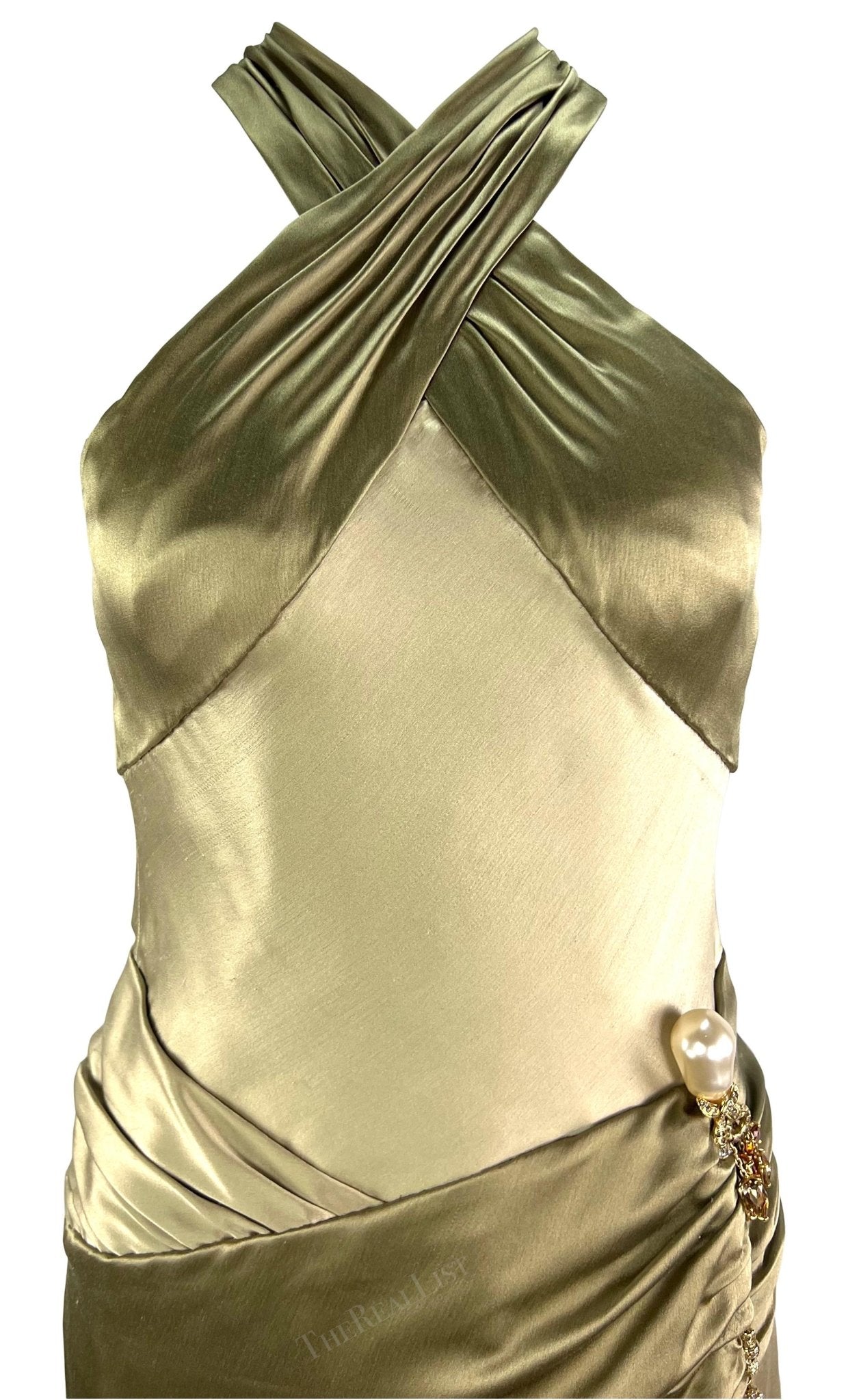 F/W 2005 Valentino Haute Couture Olive Green Silk Metal Embellished Runway Gown - RealList