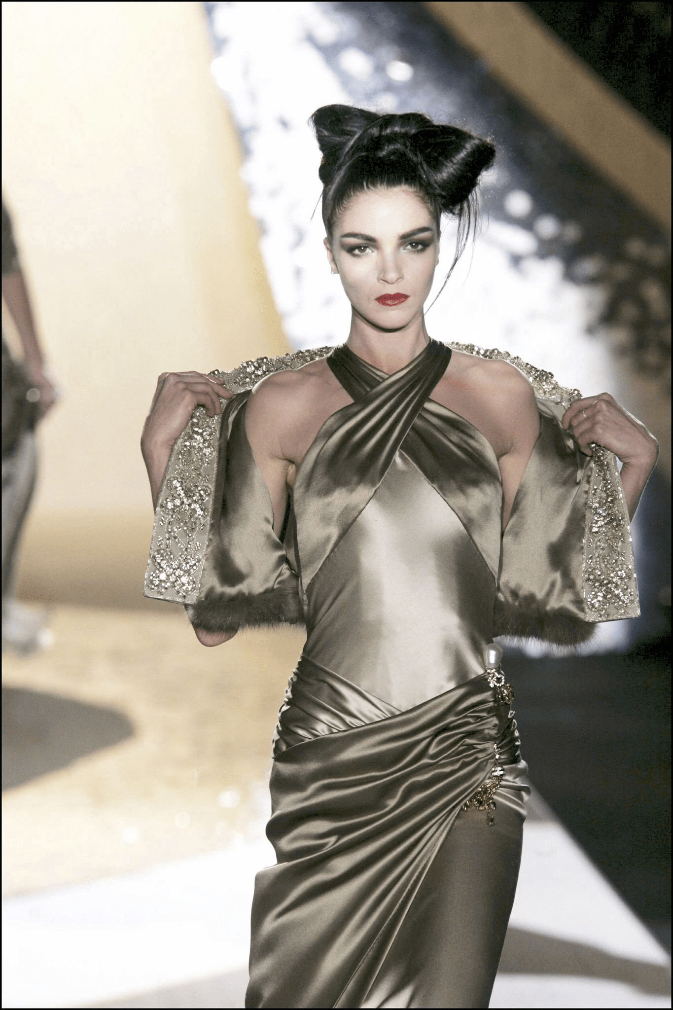 F/W 2005 Valentino Haute Couture Olive Green Silk Metal Embellished Runway Gown - RealList