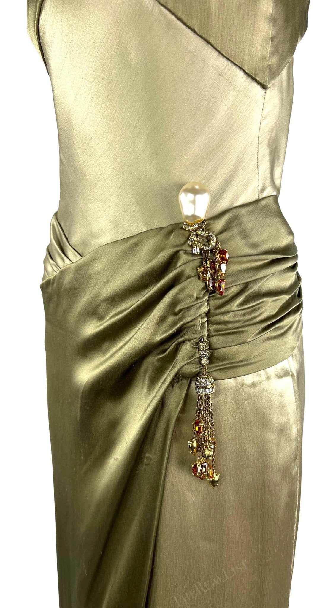 F/W 2005 Valentino Haute Couture Olive Green Silk Metal Embellished Runway Gown - RealList