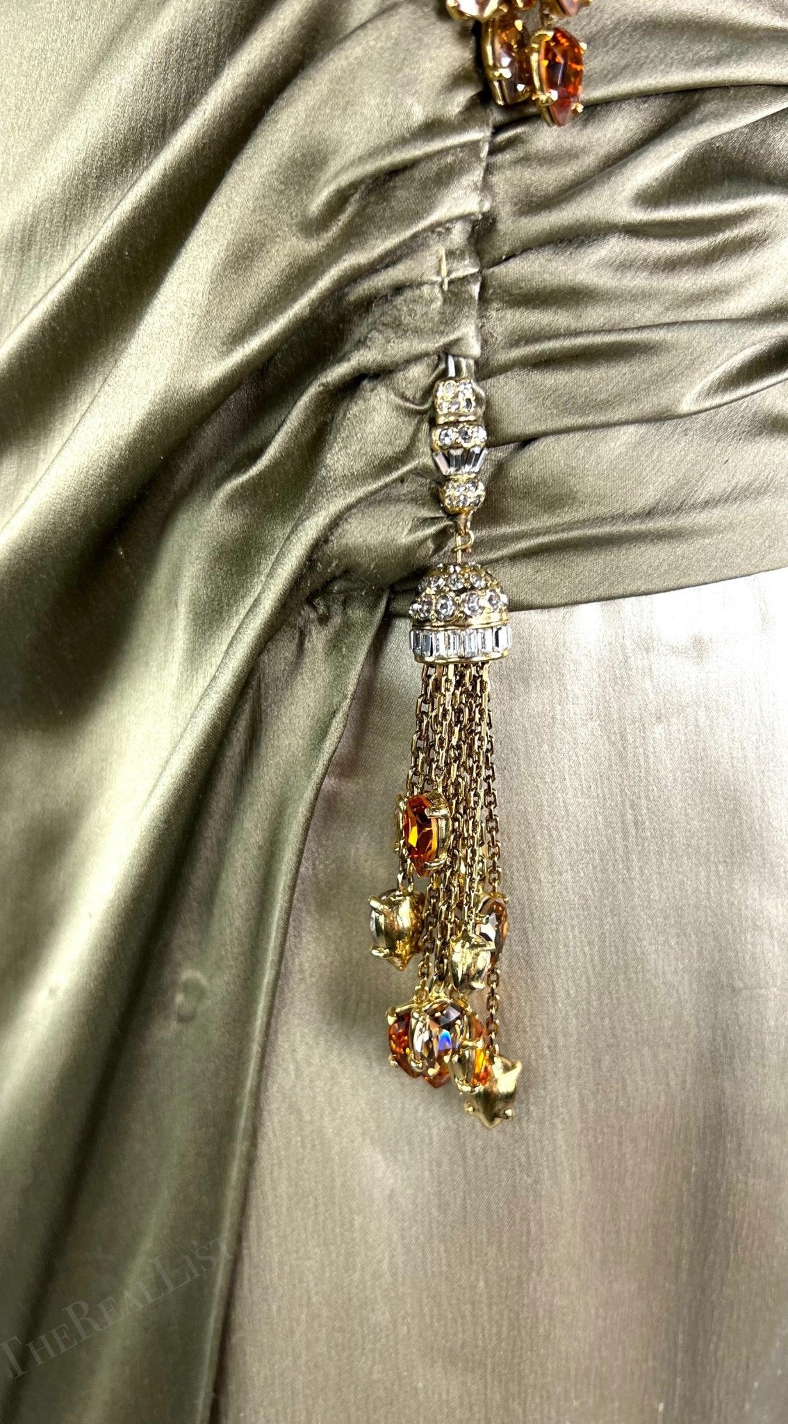 F/W 2005 Valentino Haute Couture Olive Green Silk Metal Embellished Runway Gown - RealList