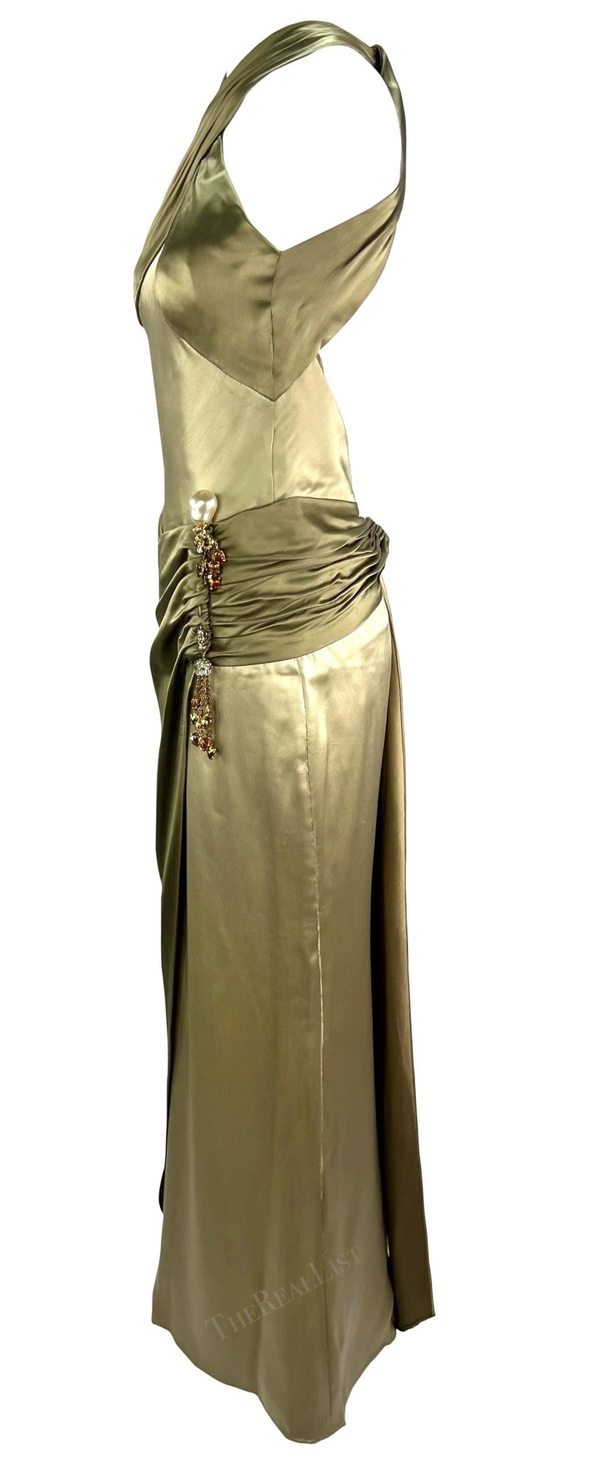 F/W 2005 Valentino Haute Couture Olive Green Silk Metal Embellished Runway Gown - RealList