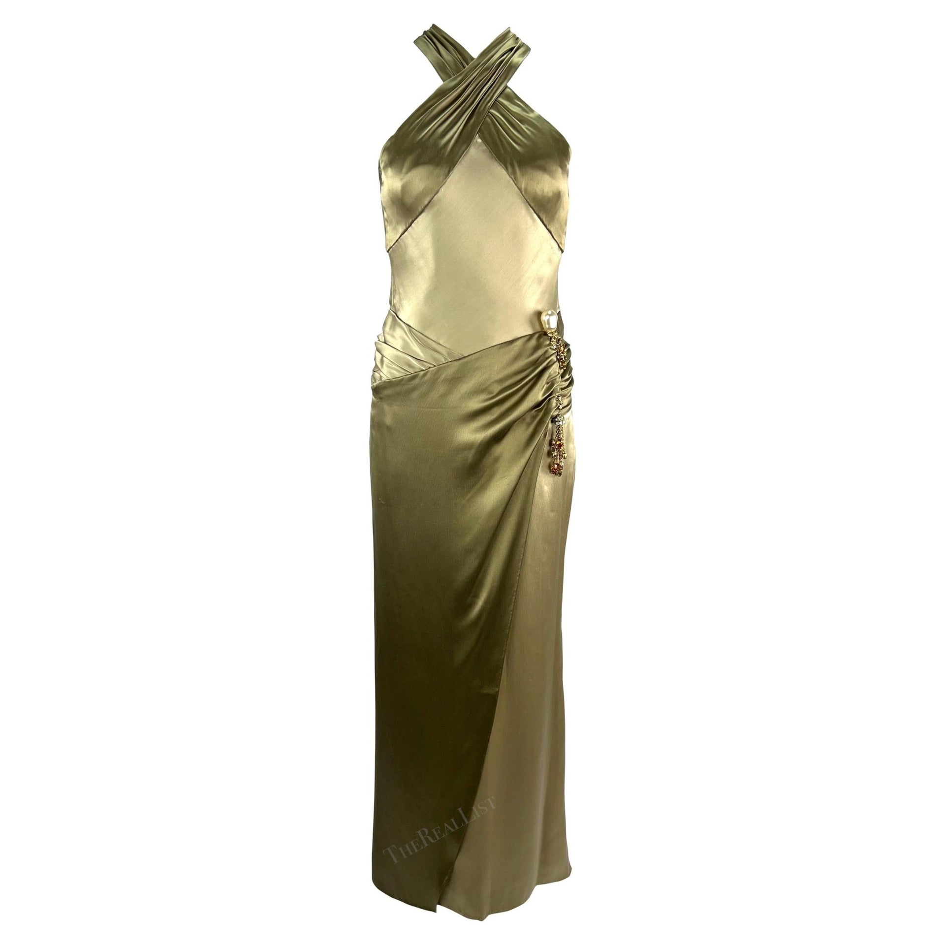 F/W 2005 Valentino Haute Couture Olive Green Silk Metal Embellished Runway Gown - RealList