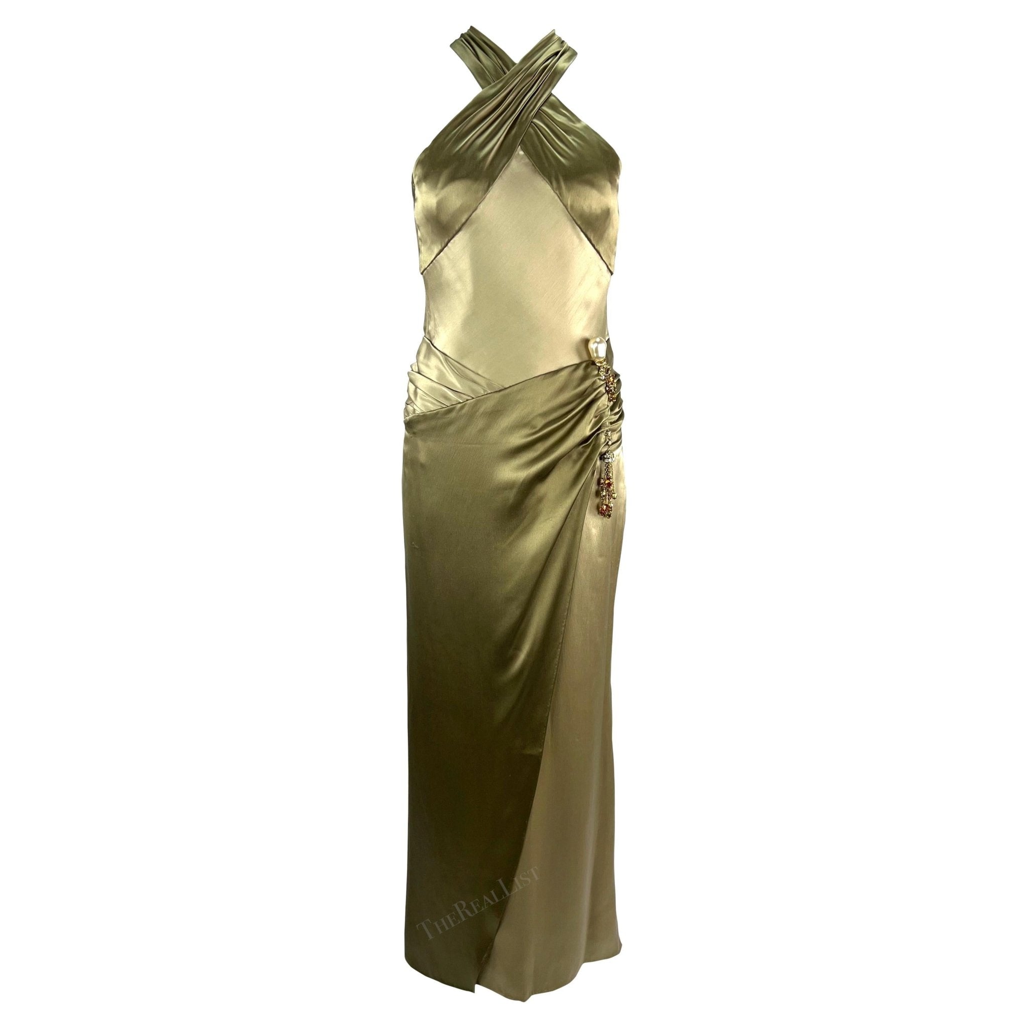 F/W 2005 Valentino Haute Couture Olive Green Silk Metal Embellished Runway Gown - RealList