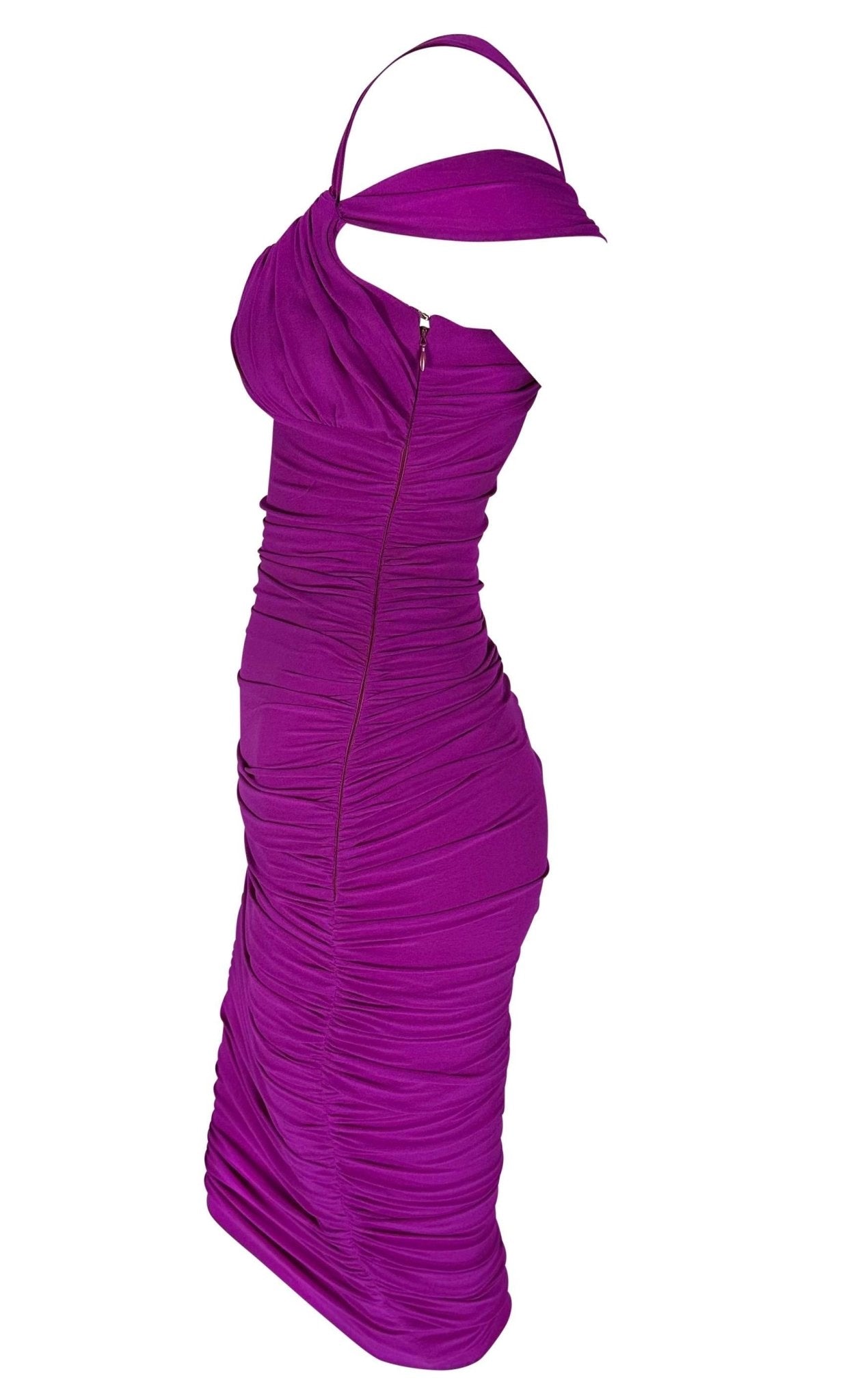 F/W 2005 Versace by Donatella Fuchsia Ruched Stretch Bodycon Strap Dress - RealList