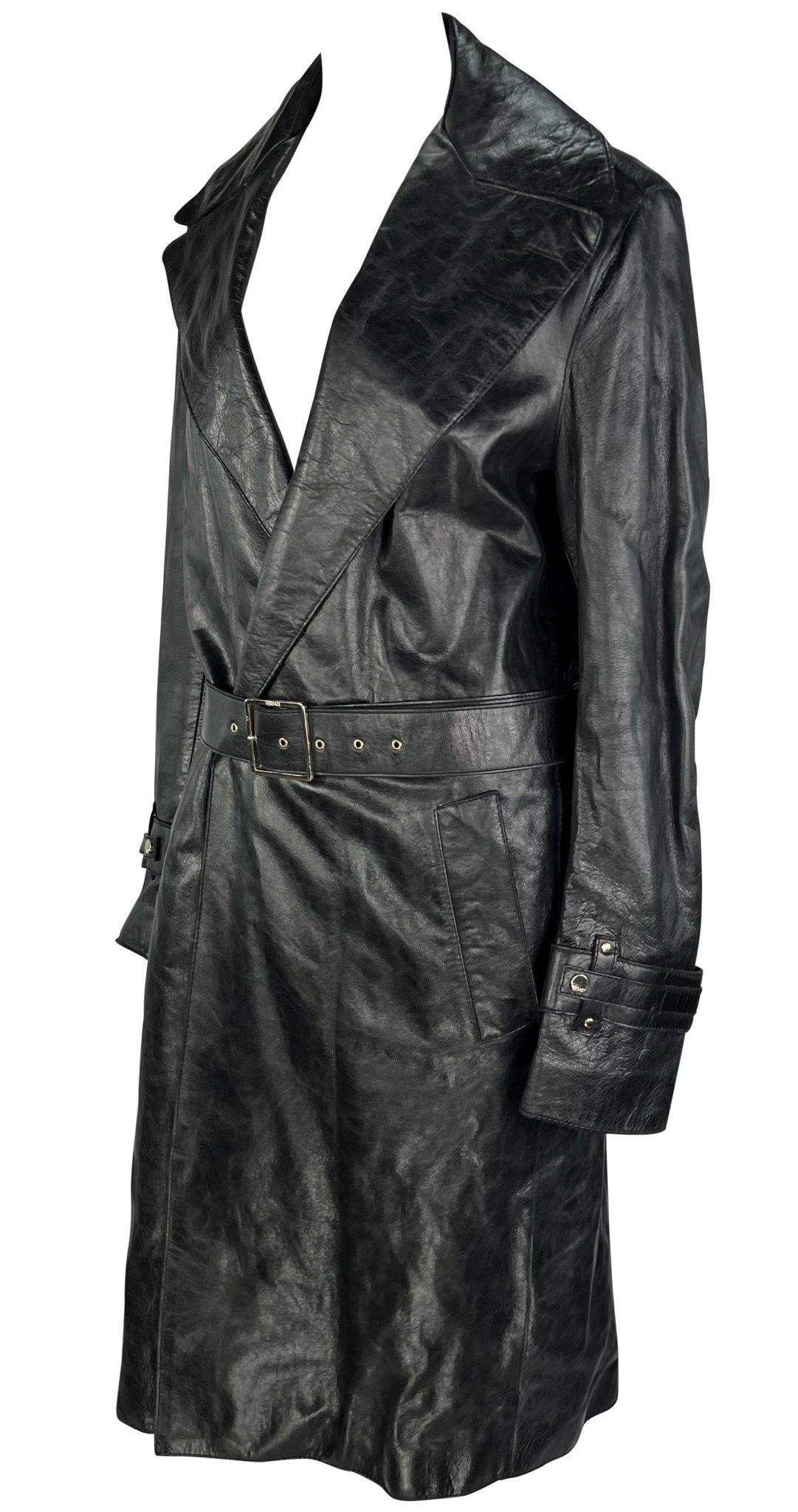 F/W 2005 Versace by Donatella Mens Runway Leather Raw Edge Belted Trench Coat - RealList