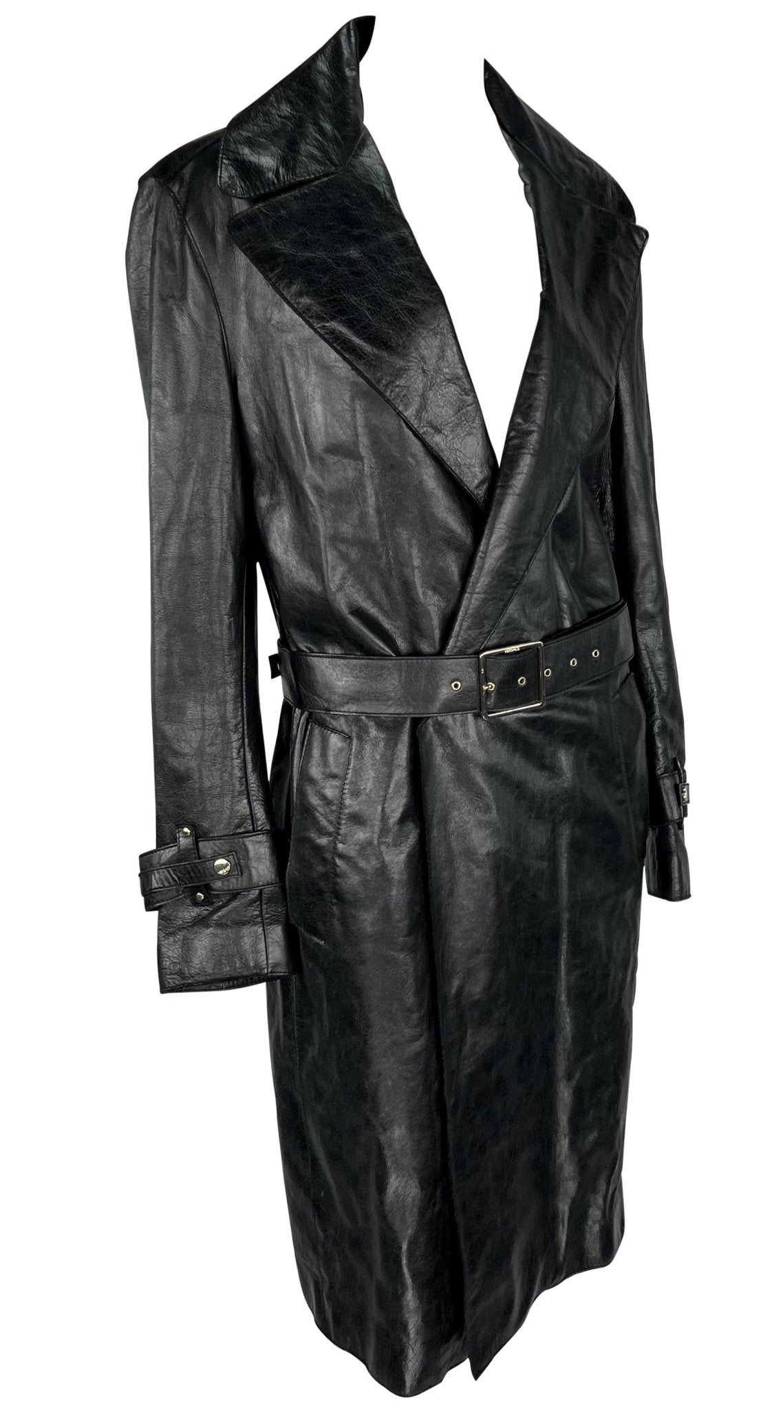 F/W 2005 Versace by Donatella Mens Runway Leather Raw Edge Belted Trench Coat - RealList