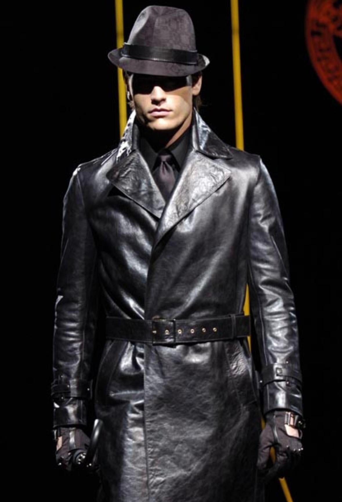 F/W 2005 Versace by Donatella Mens Runway Leather Raw Edge Belted Trench Coat - RealList