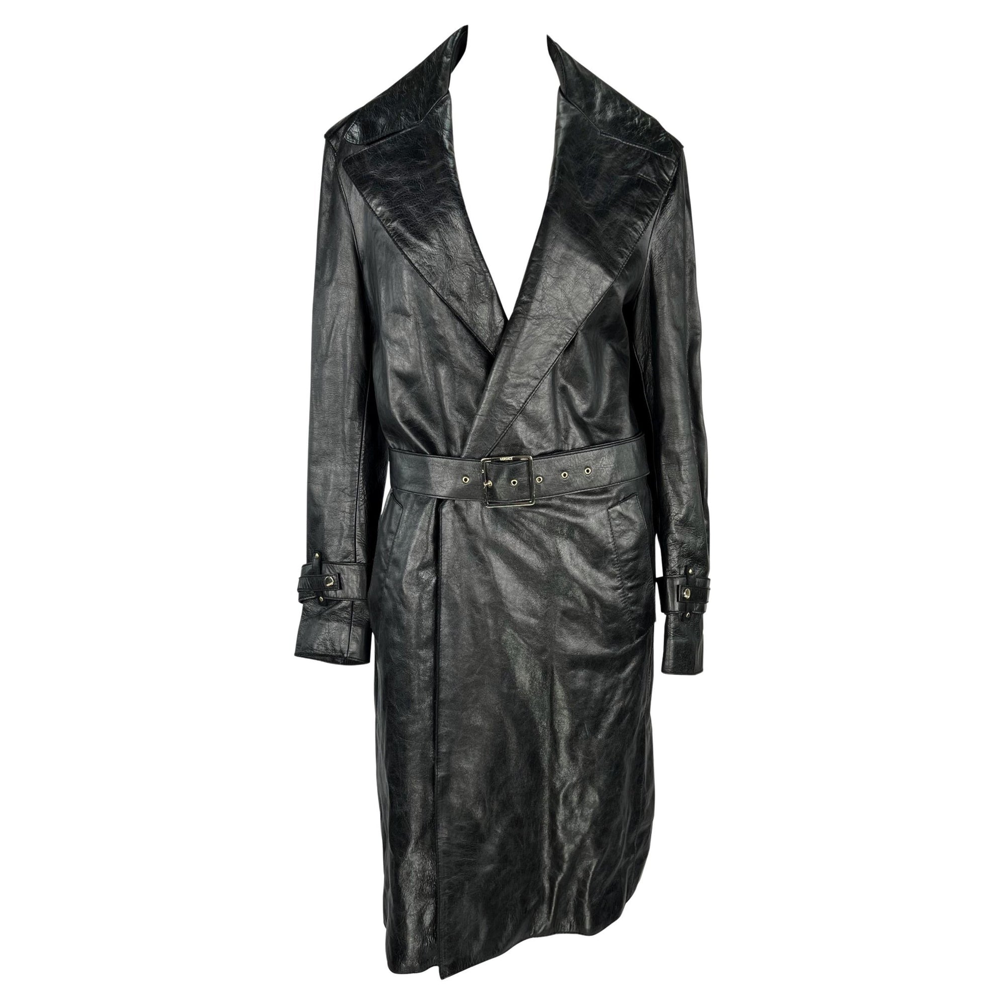 F/W 2005 Versace by Donatella Mens Runway Leather Raw Edge Belted Trench Coat - RealList