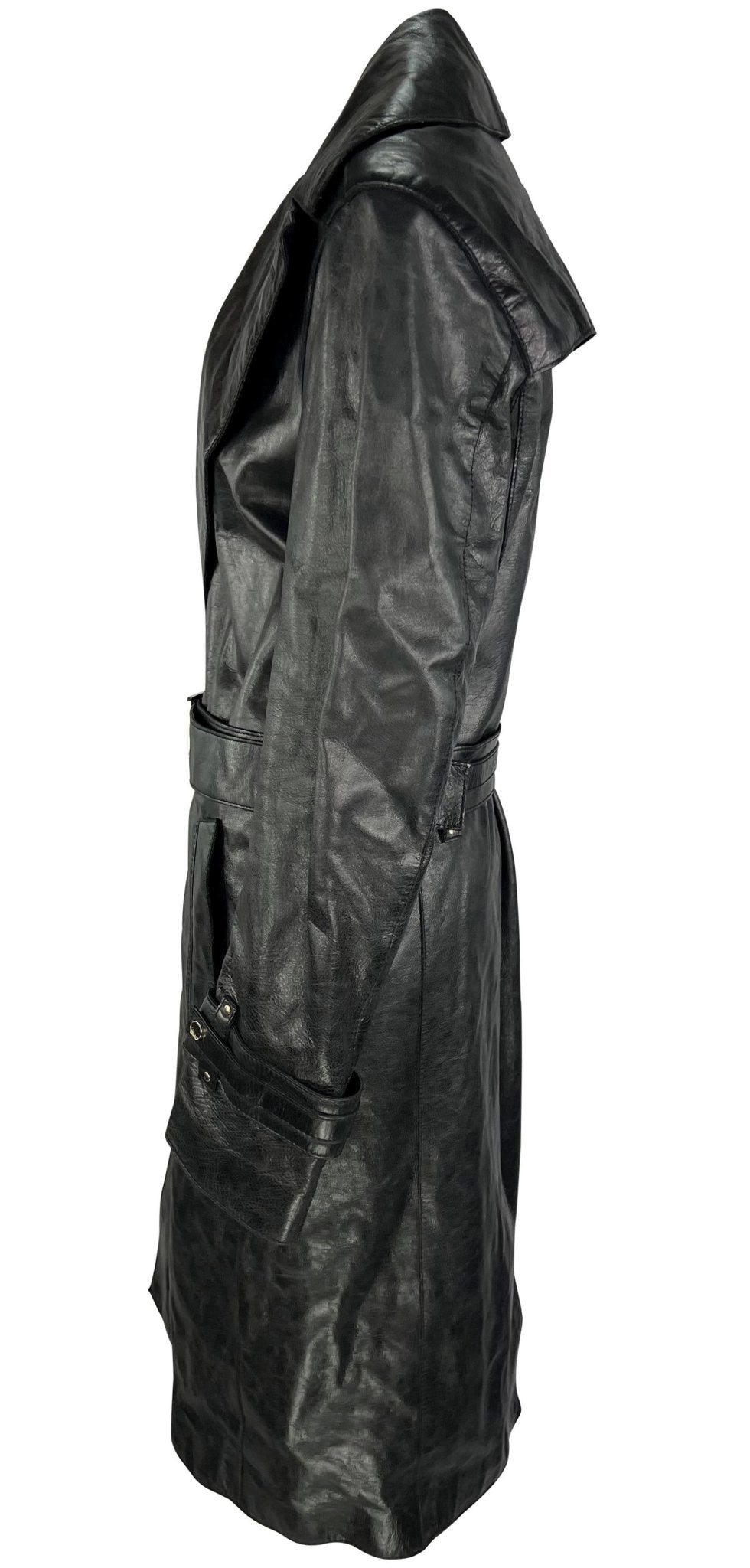 F/W 2005 Versace by Donatella Mens Runway Leather Raw Edge Belted Trench Coat - RealList