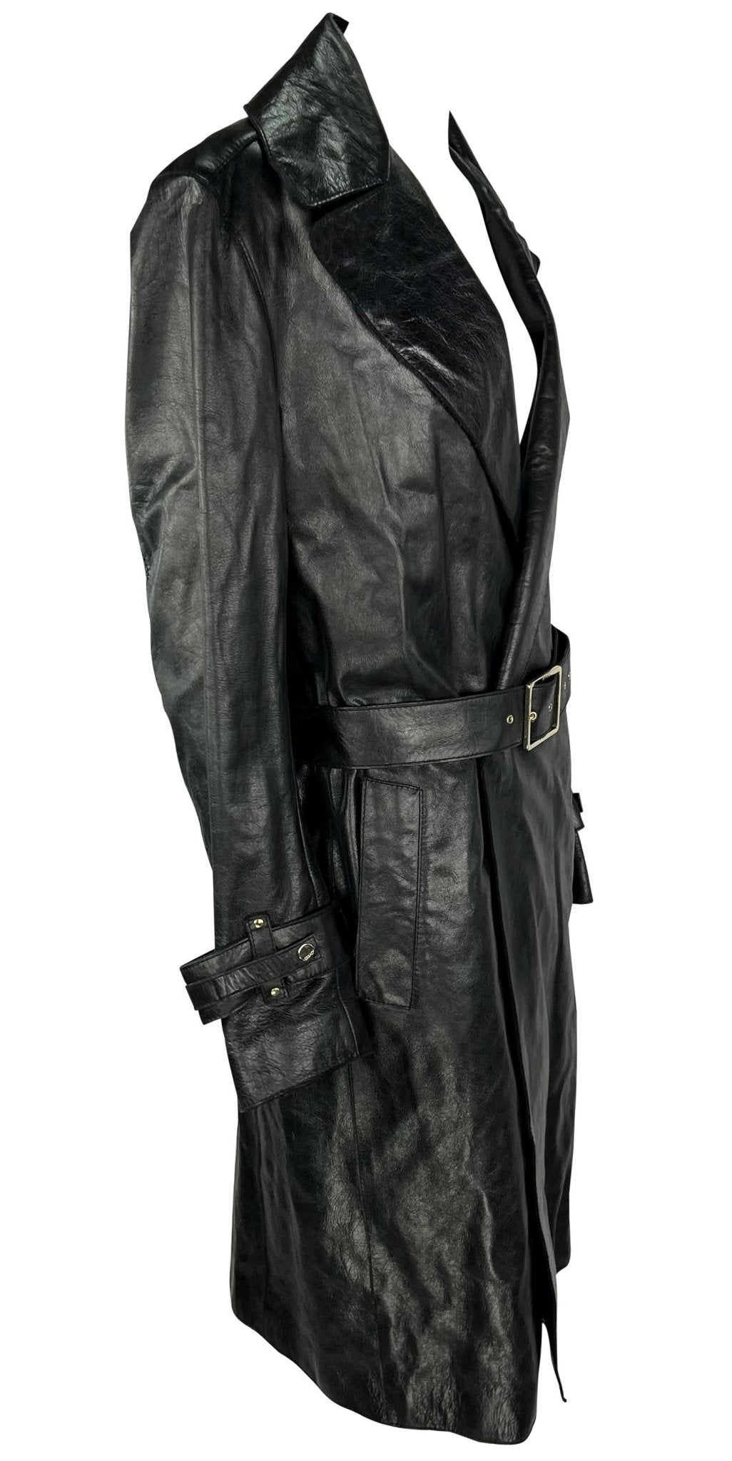 F/W 2005 Versace by Donatella Mens Runway Leather Raw Edge Belted Trench Coat - RealList