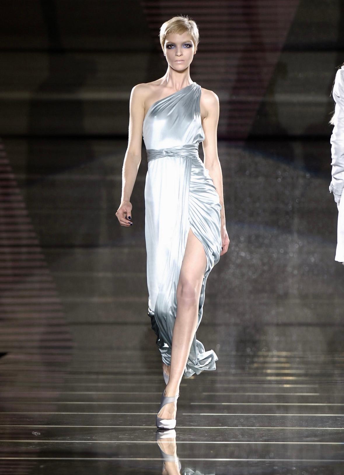 F/W 2006 Versace by Donatella Runway Ad Ruched Light Blue Stretch Slit Gown - RealList