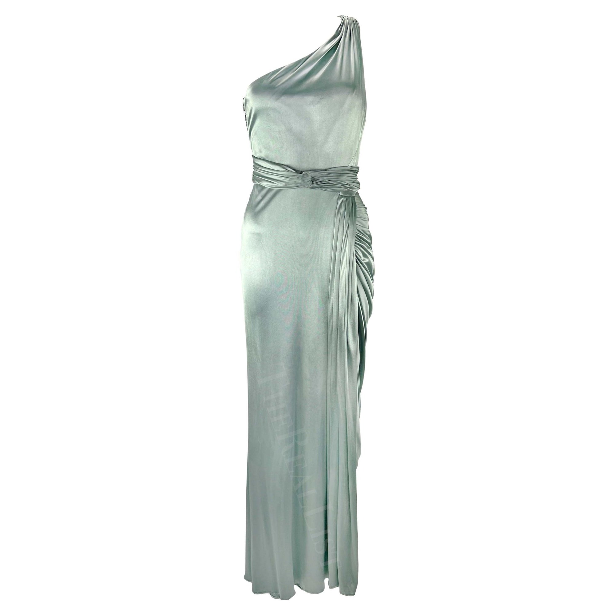 F/W 2006 Versace by Donatella Runway Ad Ruched Light Blue Stretch Slit Gown - RealList