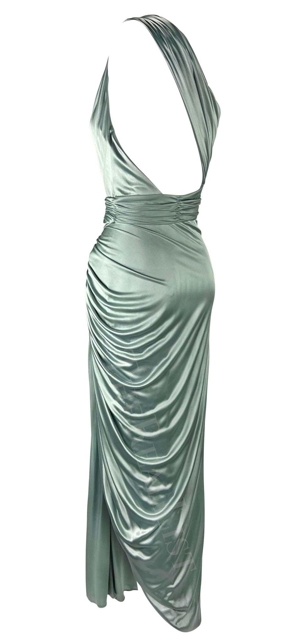 F/W 2006 Versace by Donatella Runway Ad Ruched Light Blue Stretch Slit Gown - RealList