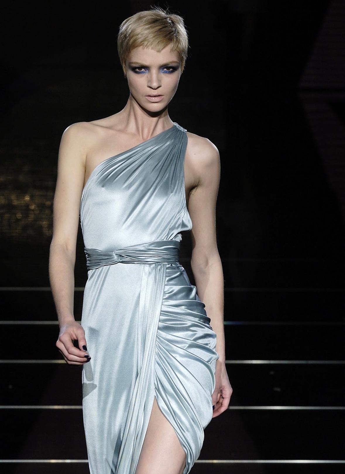 F/W 2006 Versace by Donatella Runway Ad Ruched Light Blue Stretch Slit Gown - RealList