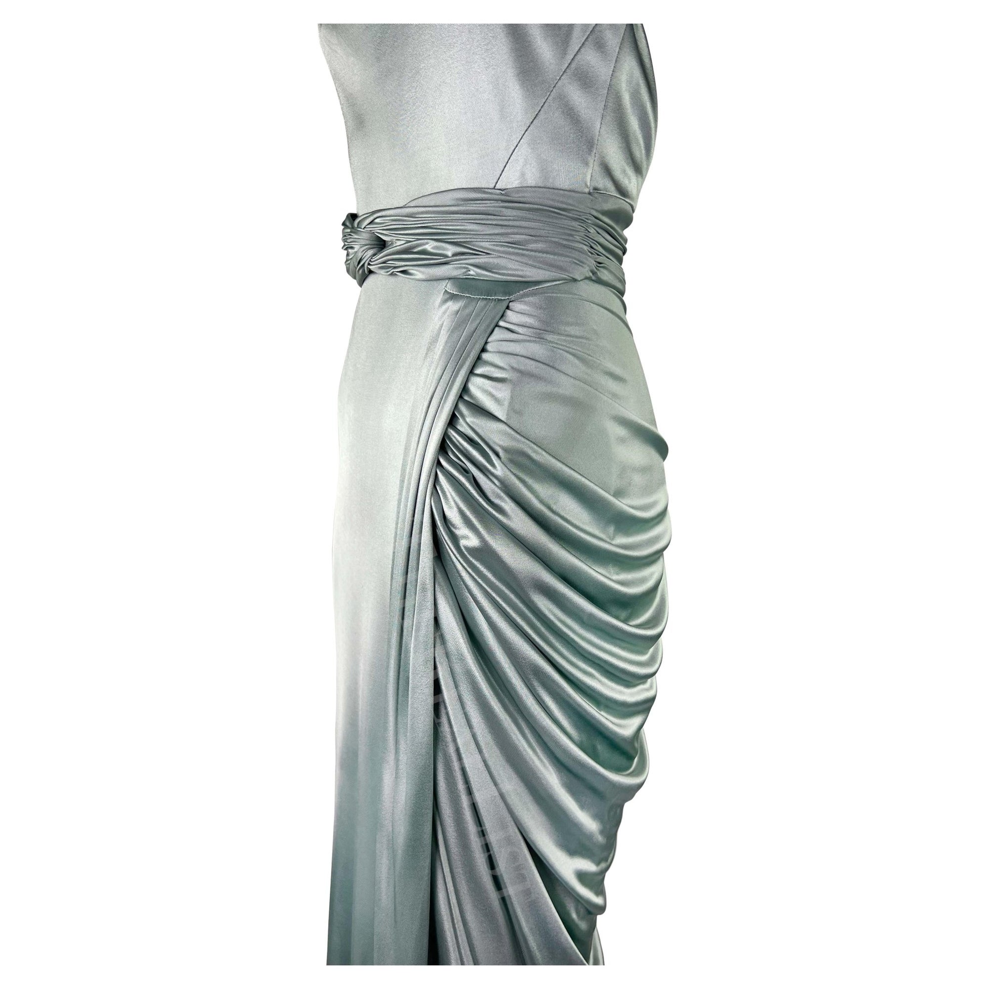 F/W 2006 Versace by Donatella Runway Ad Ruched Light Blue Stretch Slit Gown - RealList