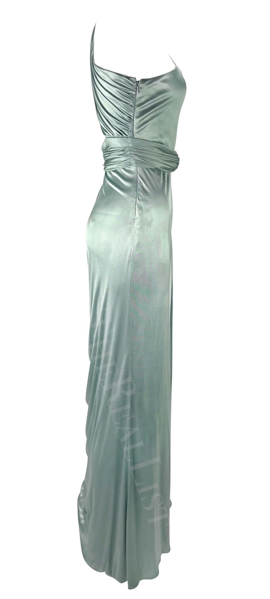 F/W 2006 Versace by Donatella Runway Ad Ruched Light Blue Stretch Slit Gown - RealList