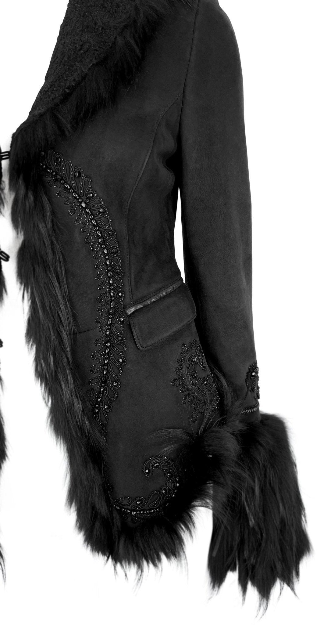 F/W 2007 Roberto Cavalli Black Fur Strip Trim Beaded Suede Shearling Jacket - RealList