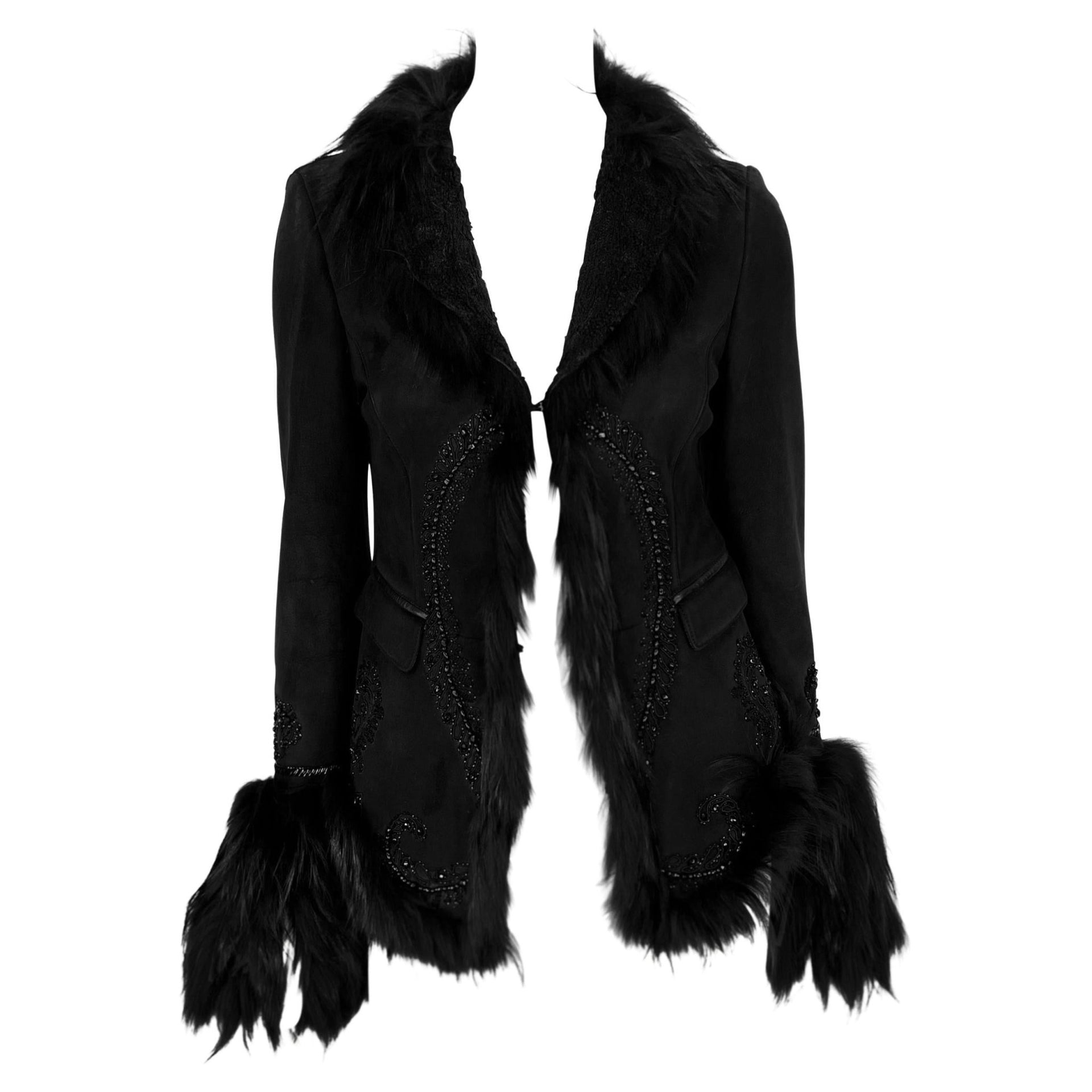 F/W 2007 Roberto Cavalli Black Fur Strip Trim Beaded Suede Shearling Jacket - RealList