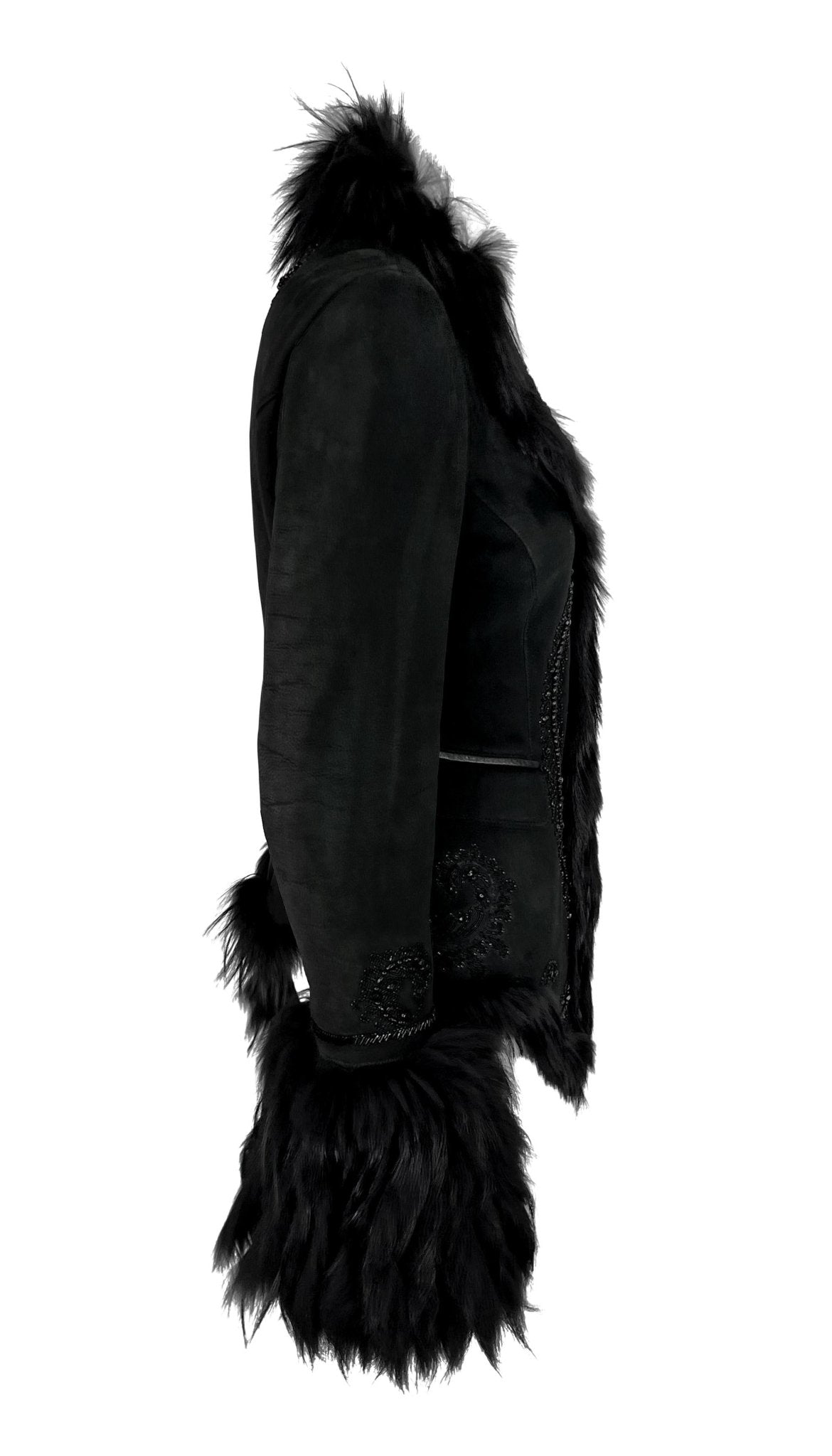 F/W 2007 Roberto Cavalli Black Fur Strip Trim Beaded Suede Shearling Jacket - RealList