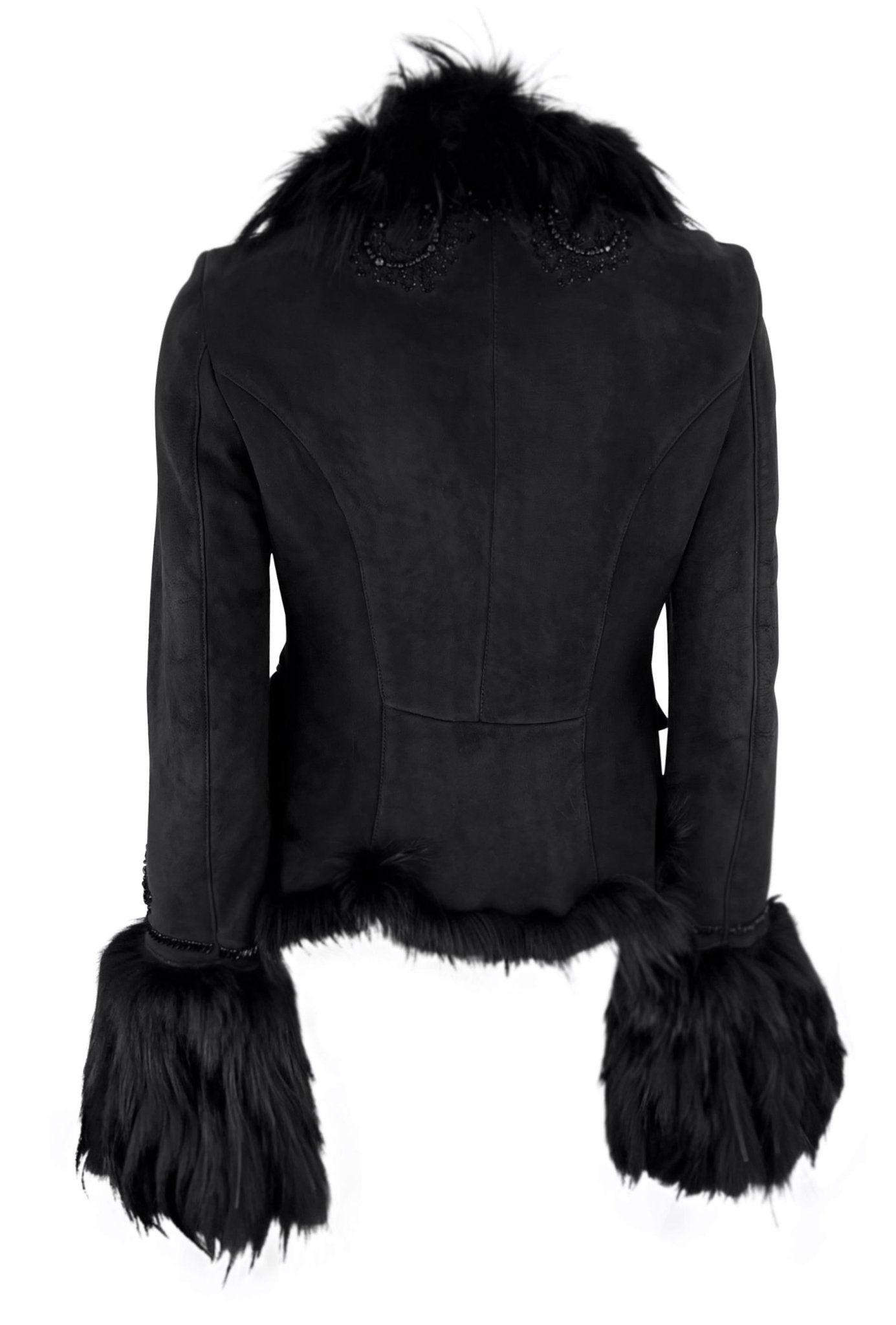 F/W 2007 Roberto Cavalli Black Fur Strip Trim Beaded Suede Shearling Jacket - RealList