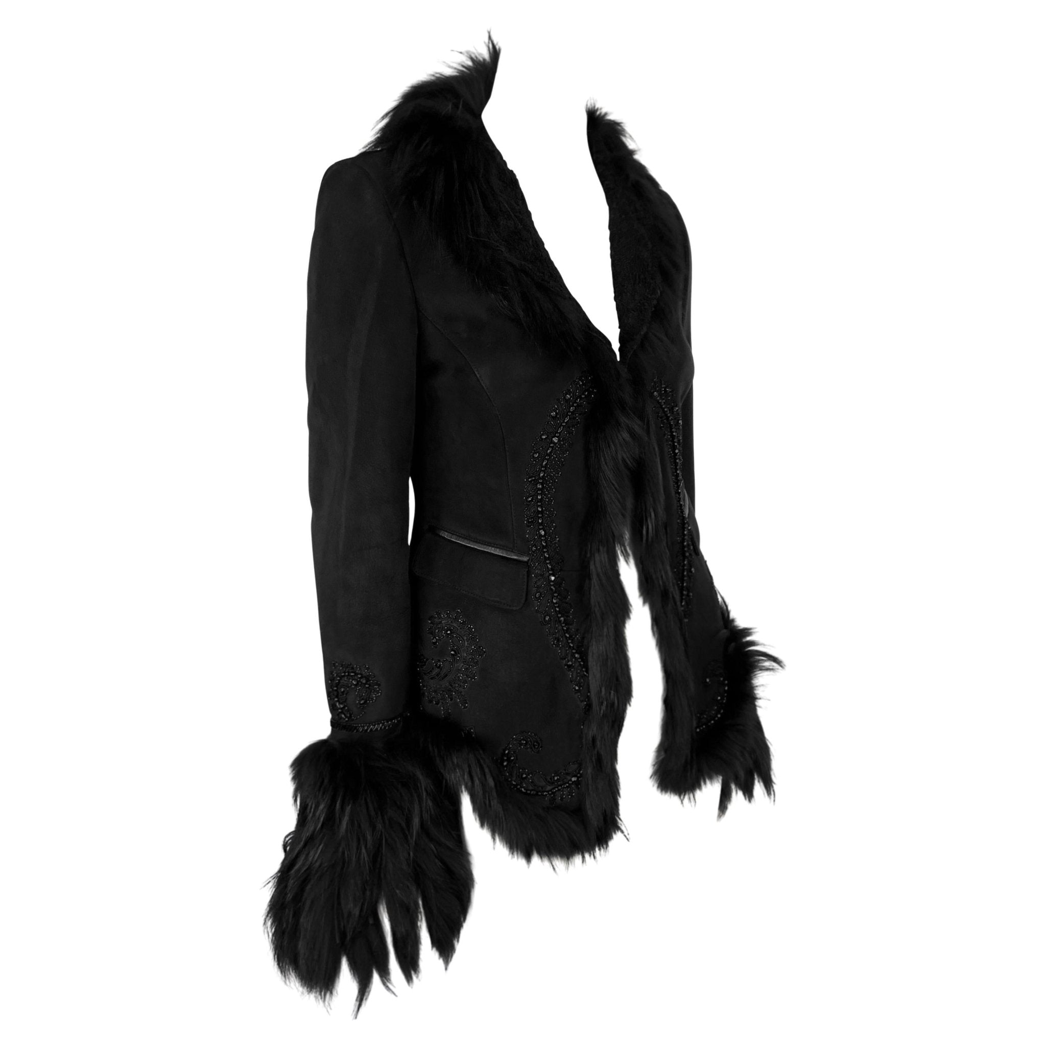 F/W 2007 Roberto Cavalli Black Fur Strip Trim Beaded Suede Shearling Jacket - RealList