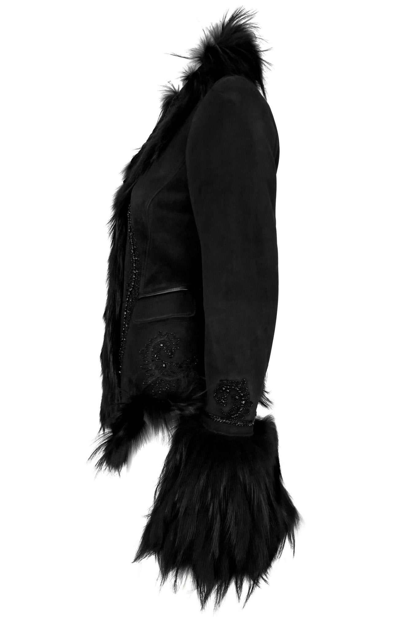 F/W 2007 Roberto Cavalli Black Fur Strip Trim Beaded Suede Shearling Jacket - RealList