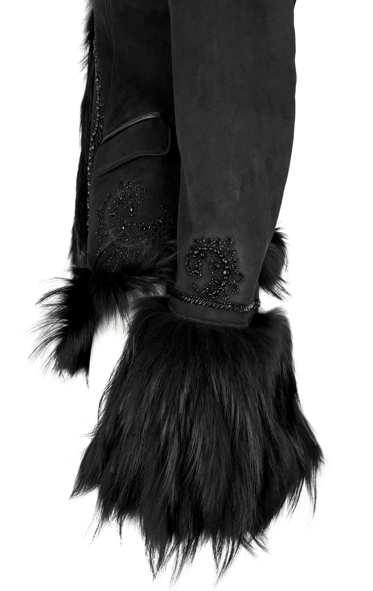 F/W 2007 Roberto Cavalli Black Fur Strip Trim Beaded Suede Shearling Jacket - RealList
