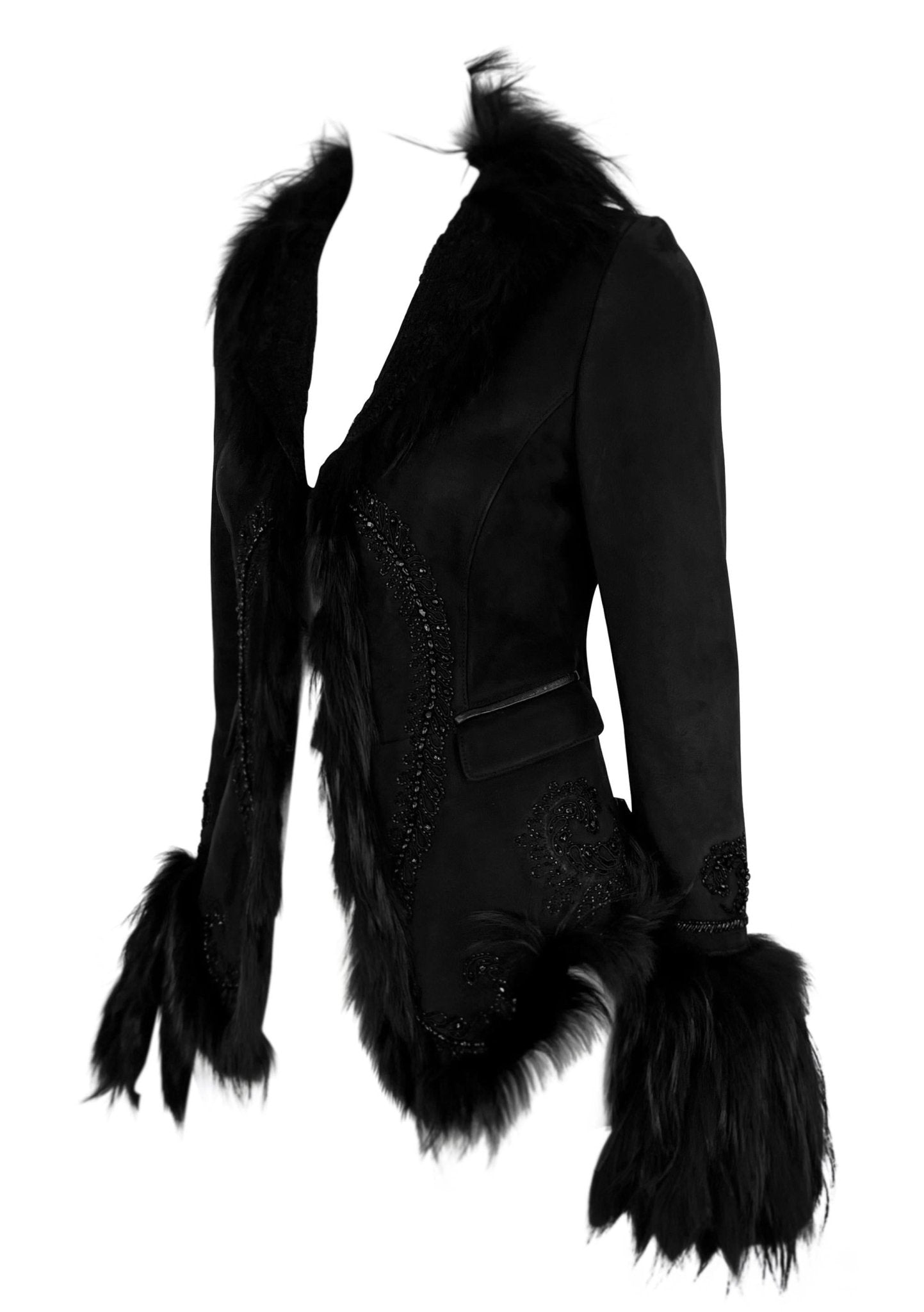 F/W 2007 Roberto Cavalli Black Fur Strip Trim Beaded Suede Shearling Jacket - RealList