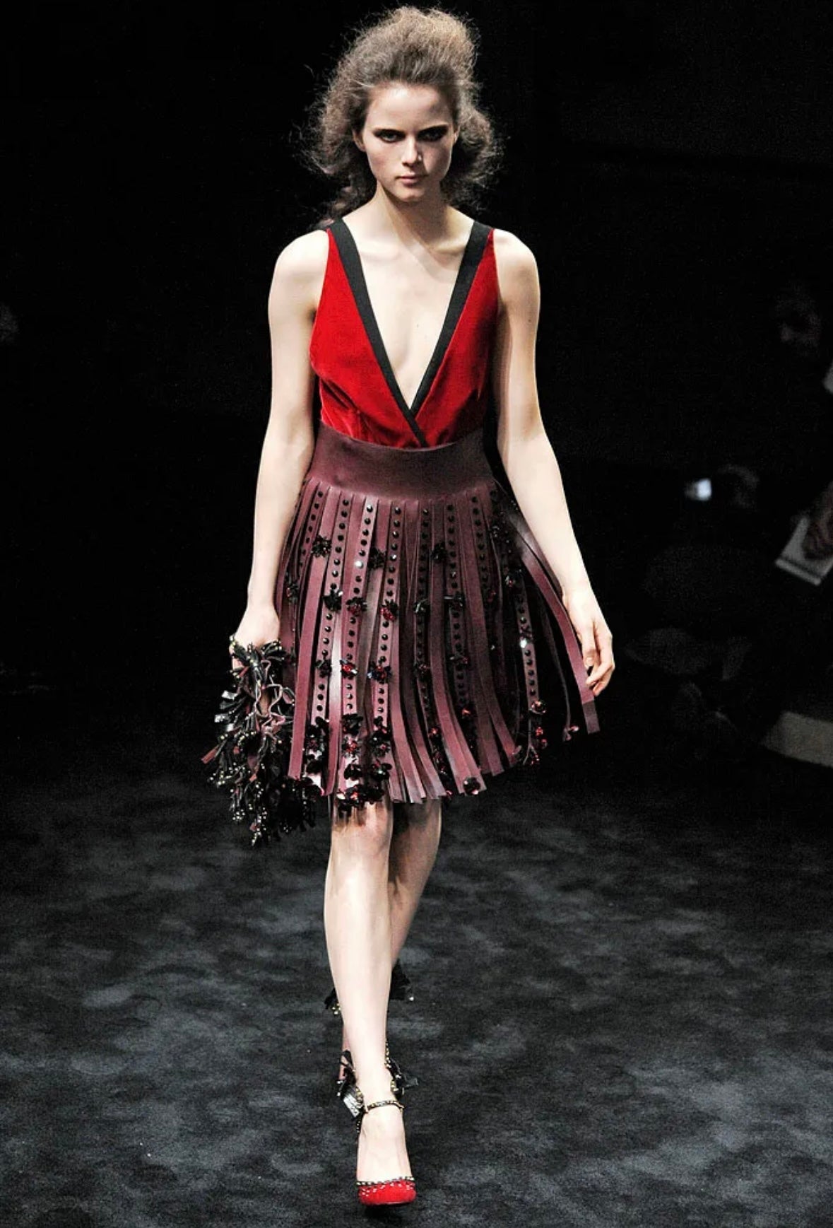 F/W 2009 Prada Runway Red Velvet Bust Sleeveless Flare Black Midi Dress - RealList