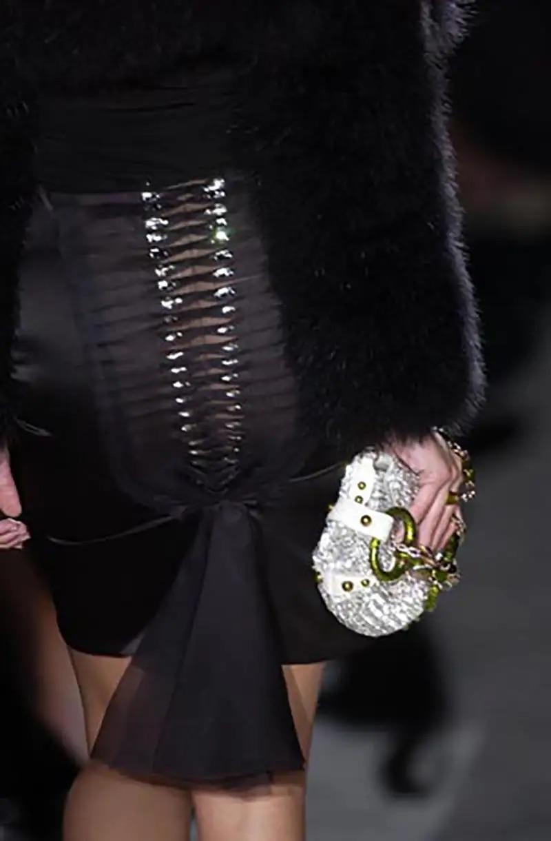 S/S 2004 Gucci by Tom Ford Runway Rhinestone Black Silk Pleated Bodycon Skirt