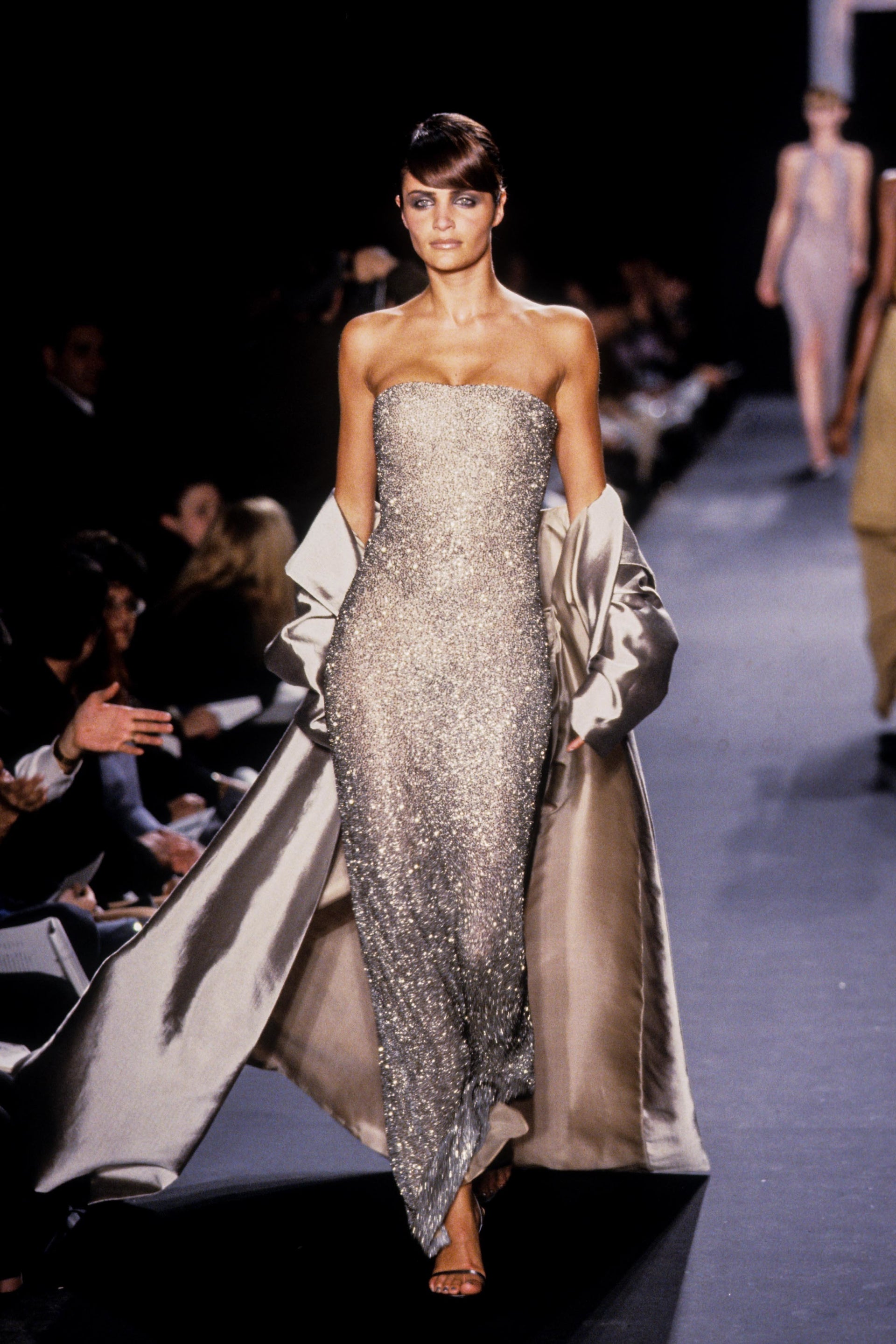 F/W 1997 Halston Runway Silver Heavily Beaded Strap Gown Opera Coat Set