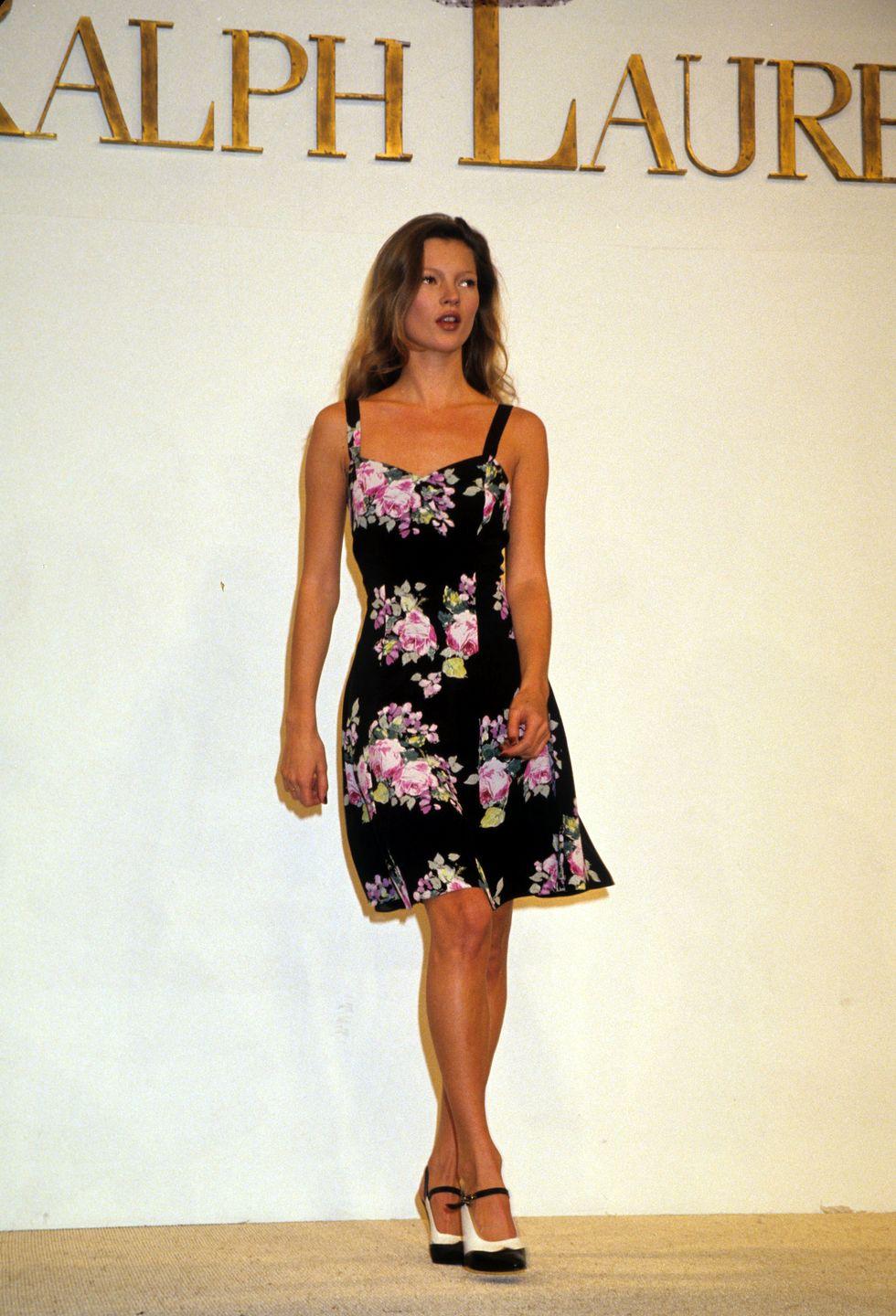 S/S 1995 Ralph Lauren Kate Moss Runway Black Silk Pink Floral Flared Dress