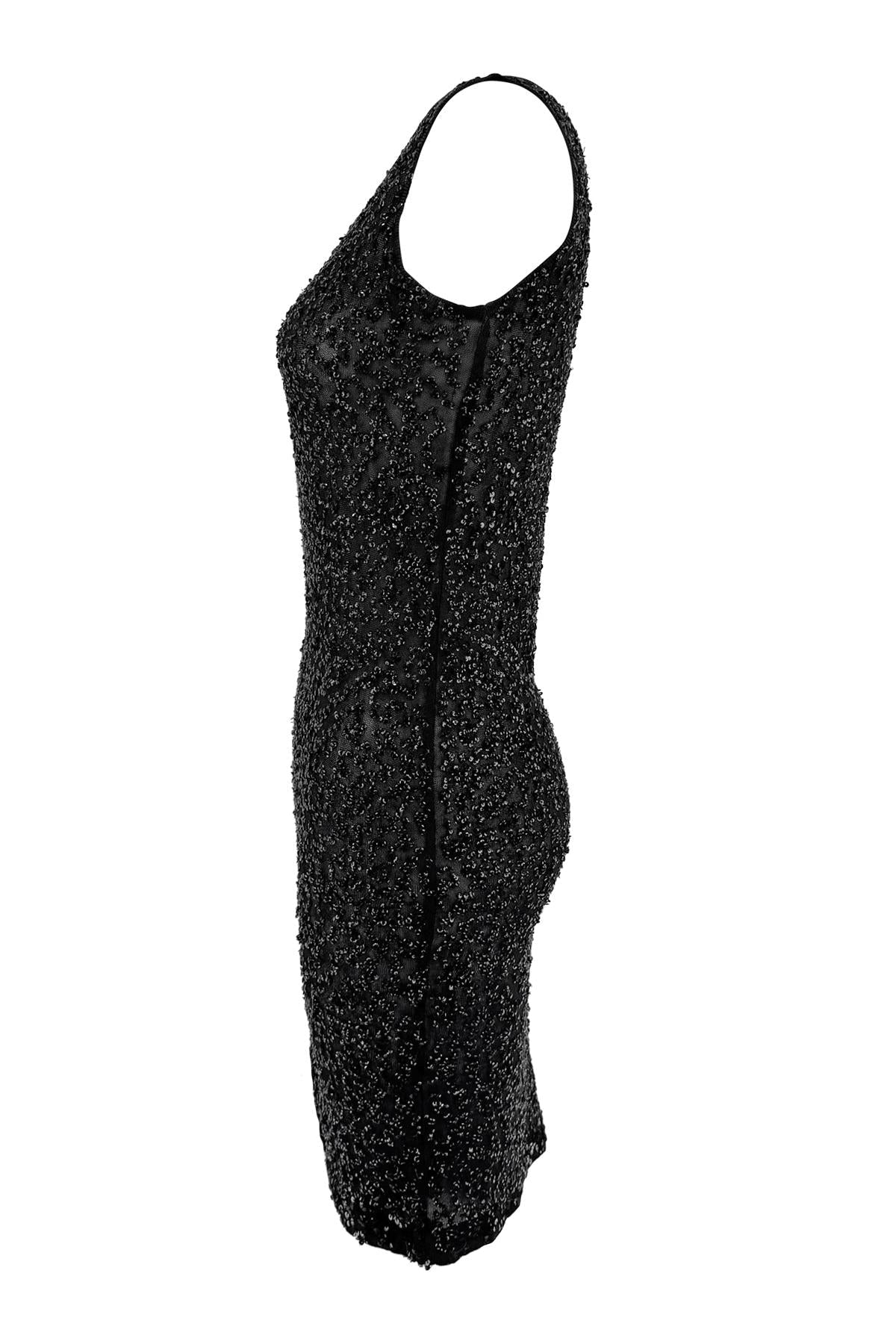 Late 1980s Donna Karan Sheer Black Stretch Knit Sequin Embellished Tank Dress - RealList