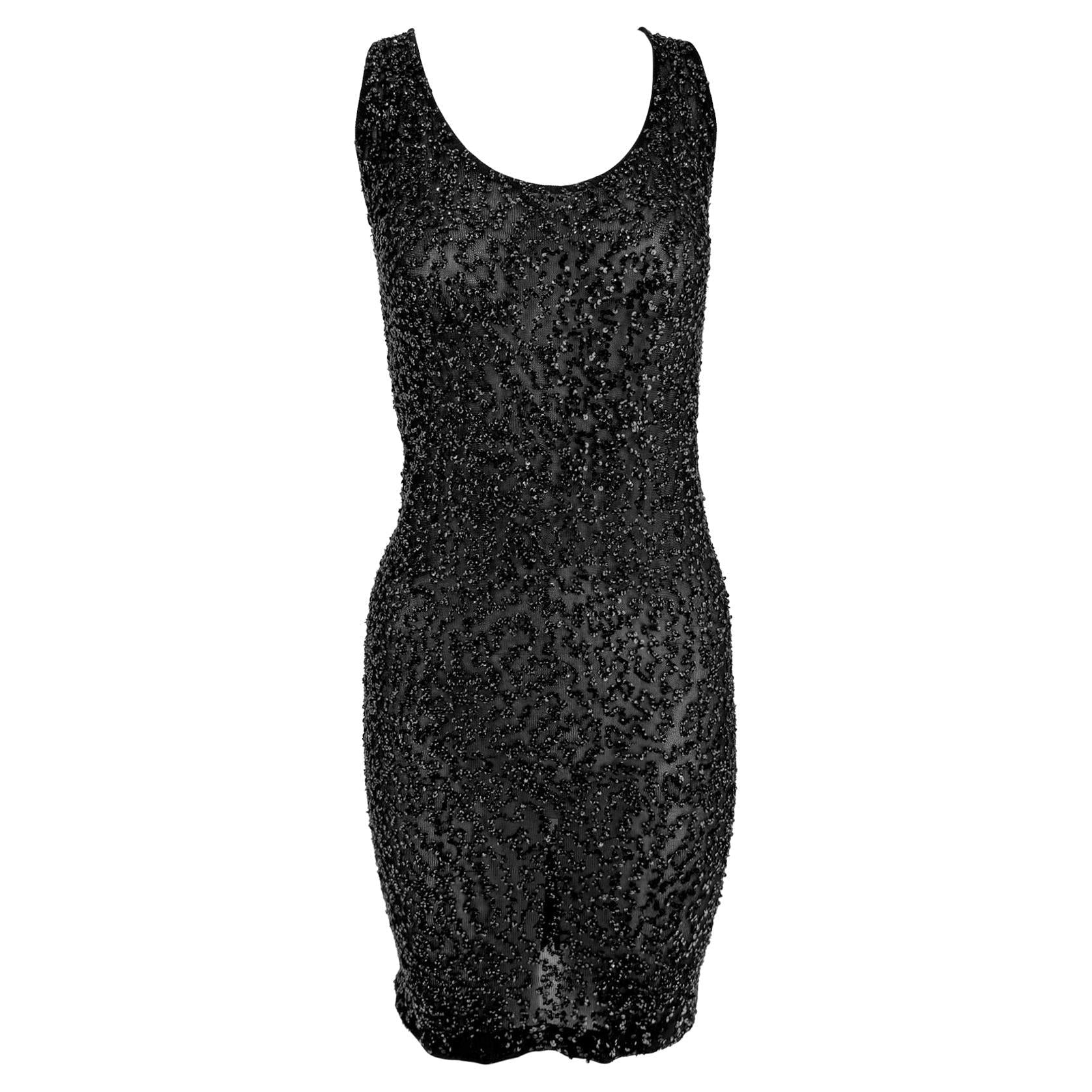 Late 1980s Donna Karan Sheer Black Stretch Knit Sequin Embellished Tank Dress - RealList