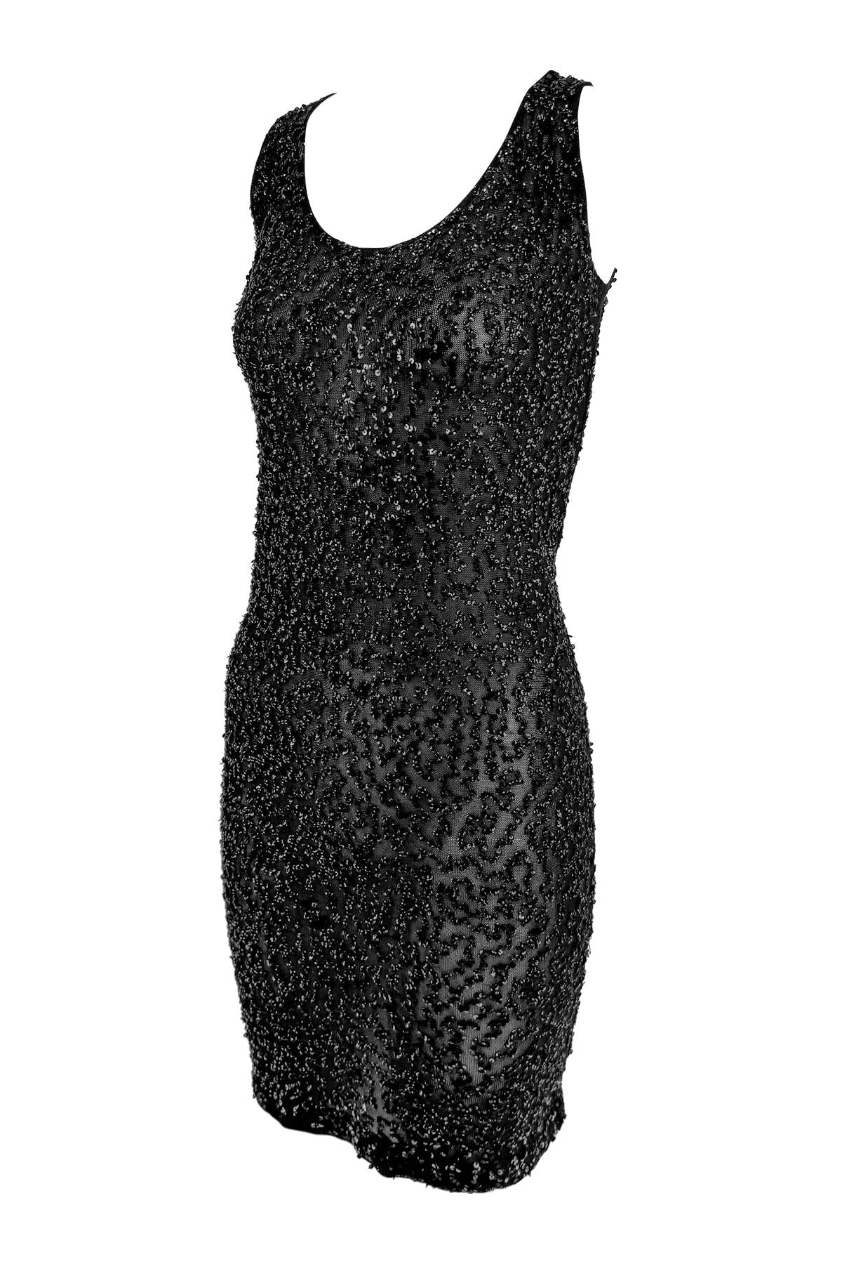 Late 1980s Donna Karan Sheer Black Stretch Knit Sequin Embellished Tank Dress - RealList