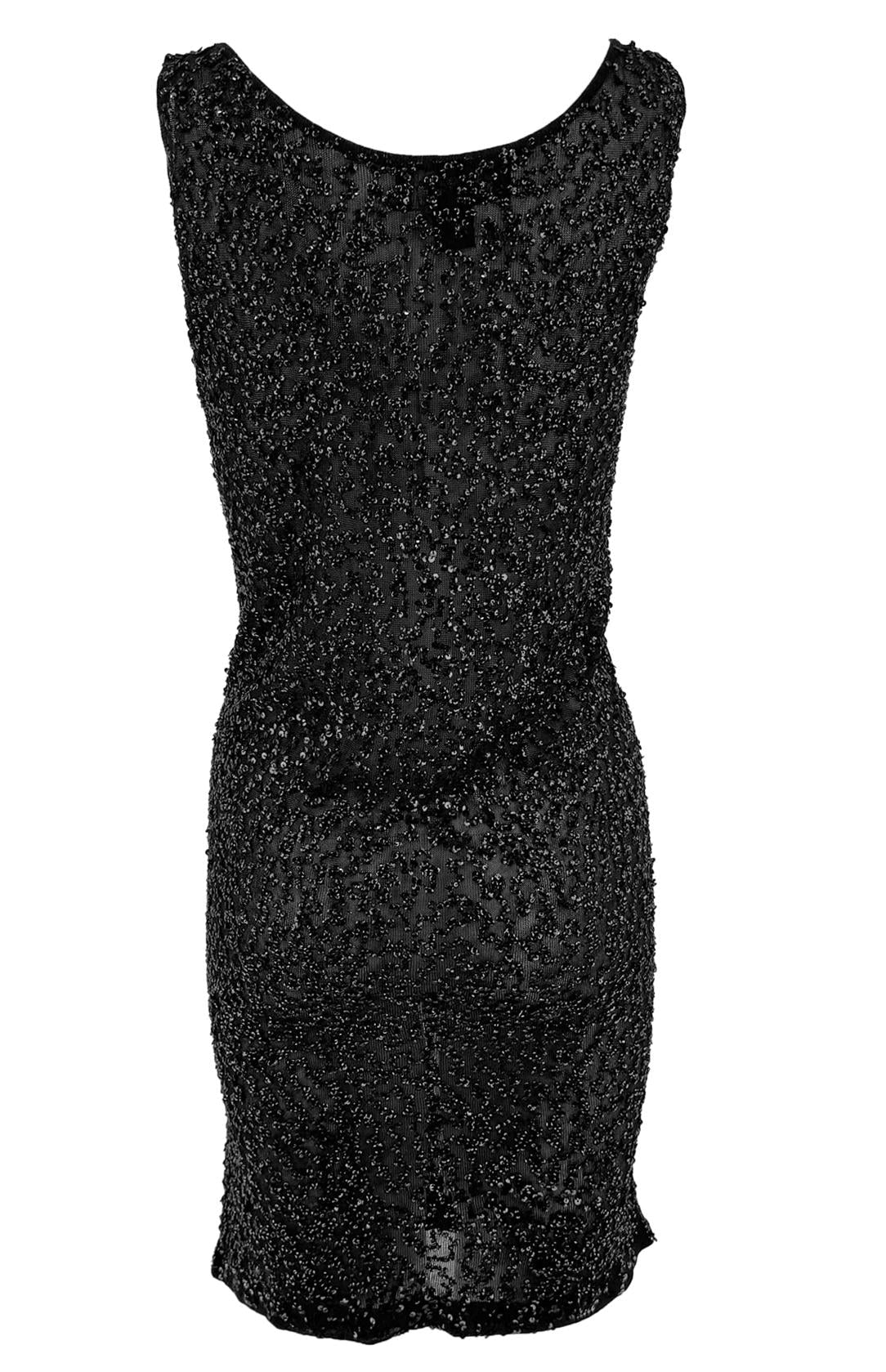 Late 1980s Donna Karan Sheer Black Stretch Knit Sequin Embellished Tank Dress - RealList