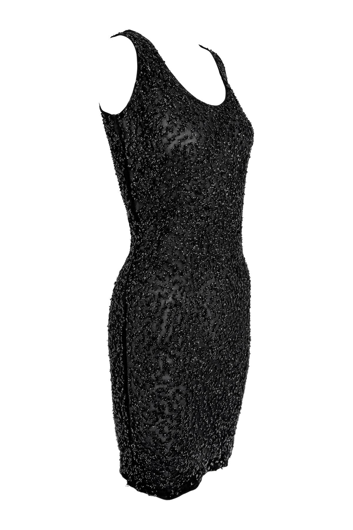 Late 1980s Donna Karan Sheer Black Stretch Knit Sequin Embellished Tank Dress - RealList