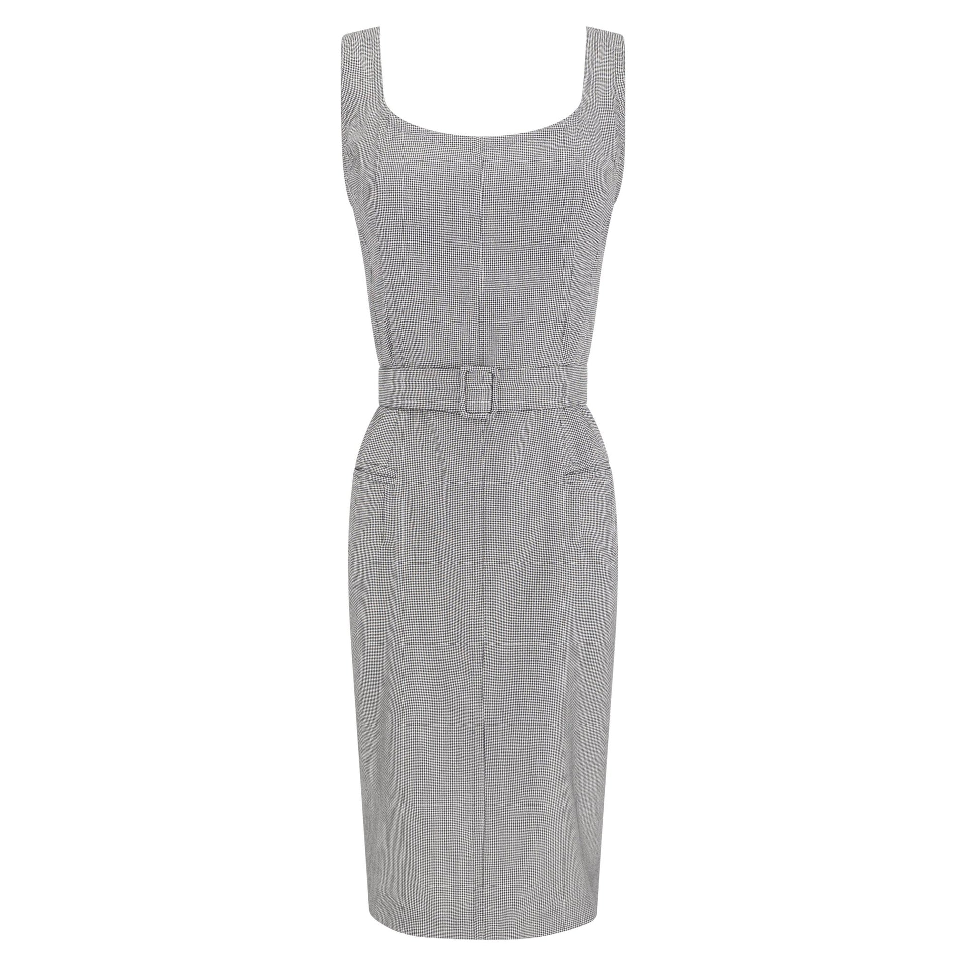 Late 1980s Jil Sander Houndstooth Wool Silk Belted Sleeveless Pencil Dress - RealList