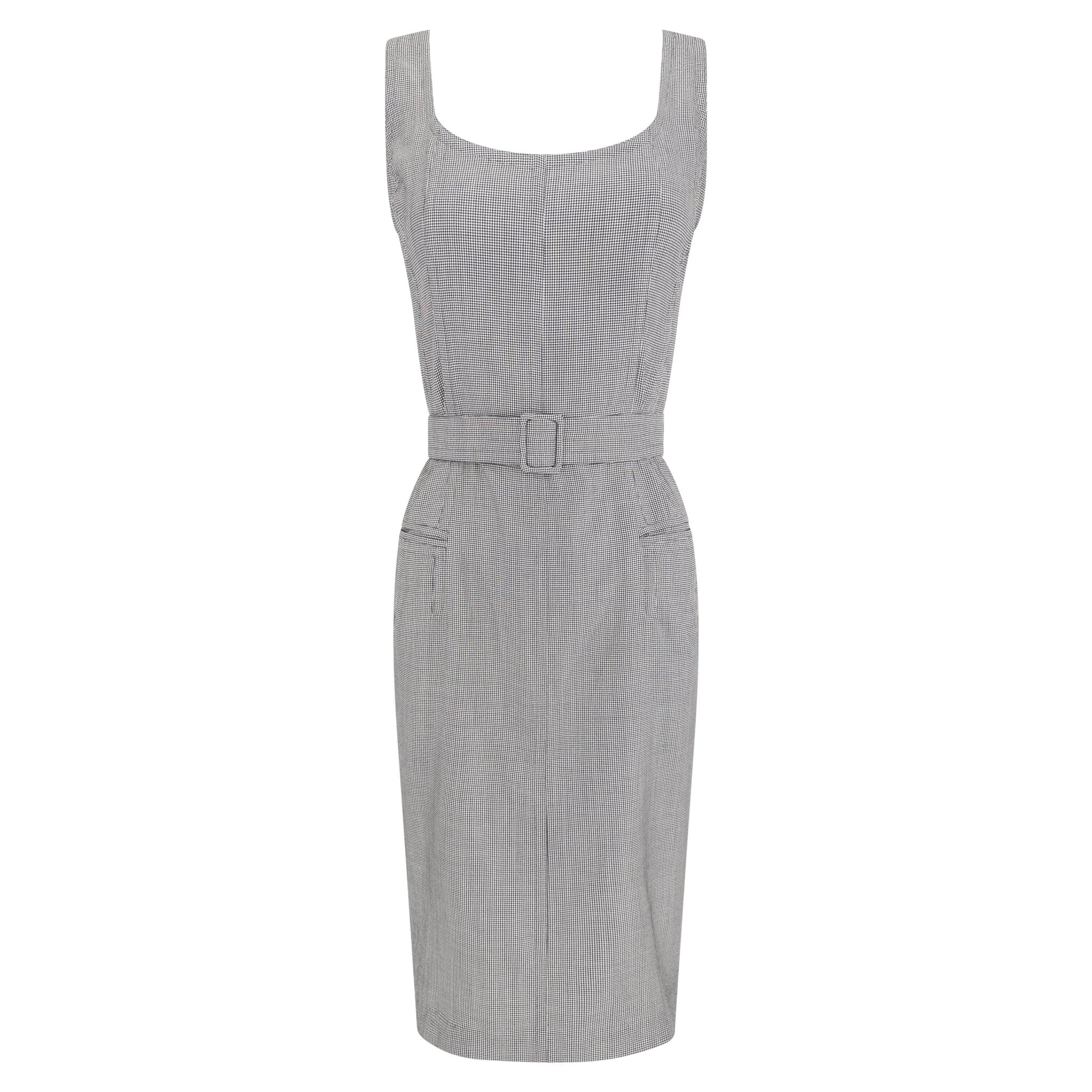 Late 1980s Jil Sander Houndstooth Wool Silk Belted Sleeveless Pencil Dress - RealList