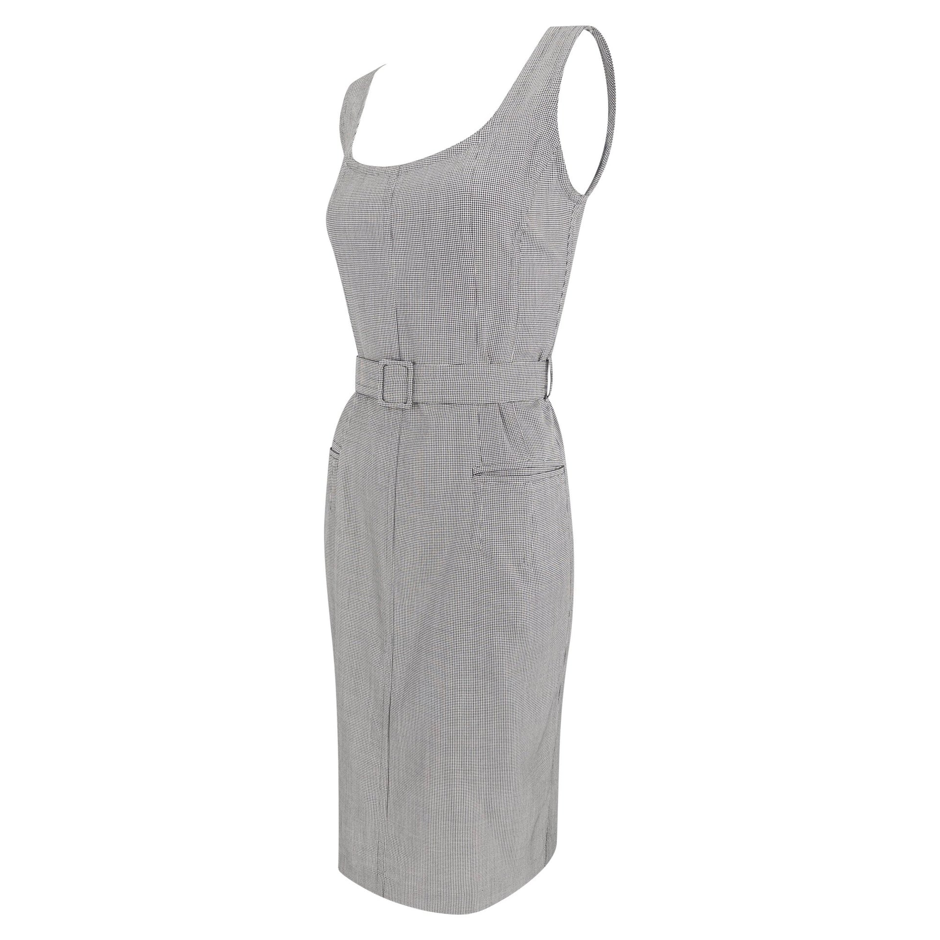 Late 1980s Jil Sander Houndstooth Wool Silk Belted Sleeveless Pencil Dress - RealList