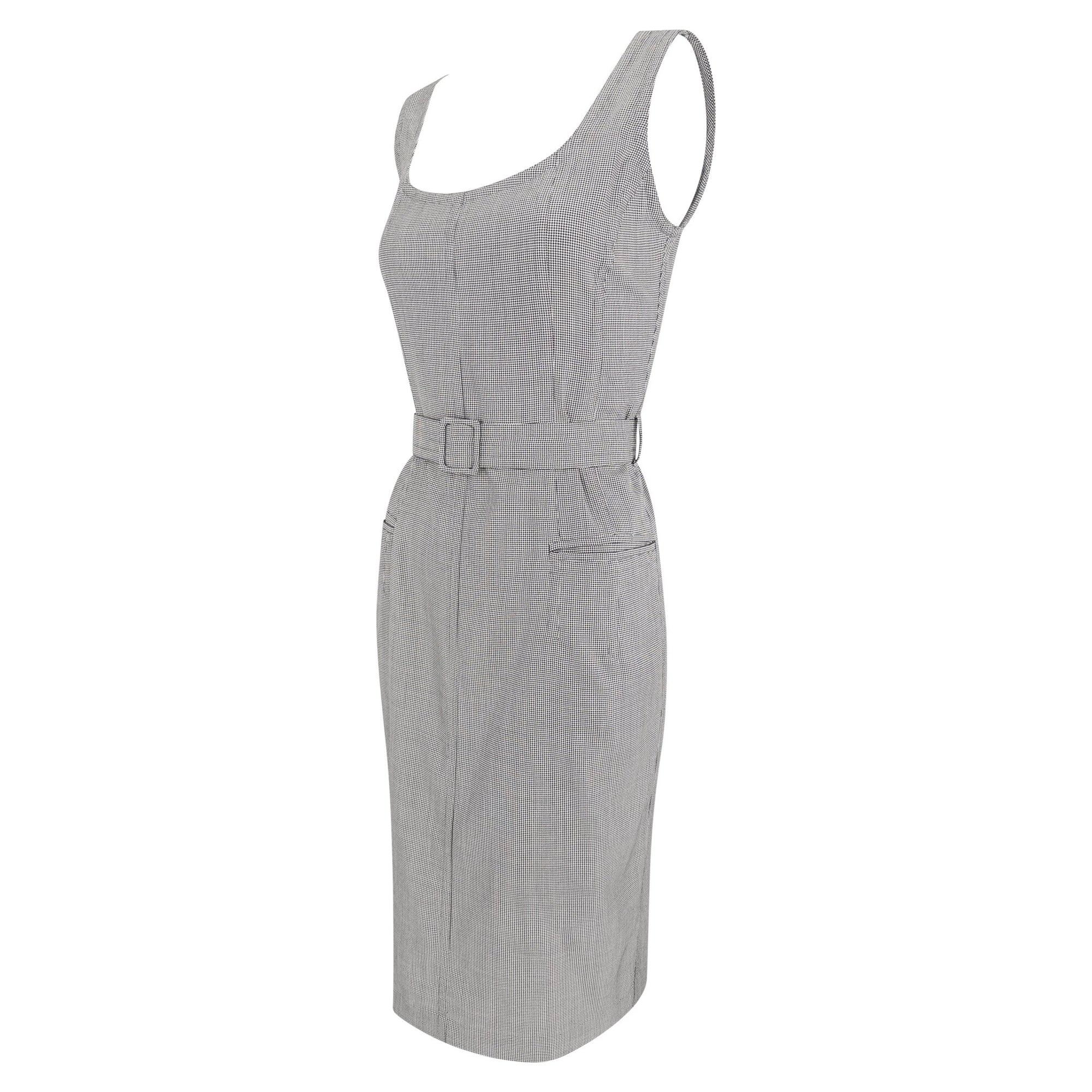 Late 1980s Jil Sander Houndstooth Wool Silk Belted Sleeveless Pencil Dress - RealList