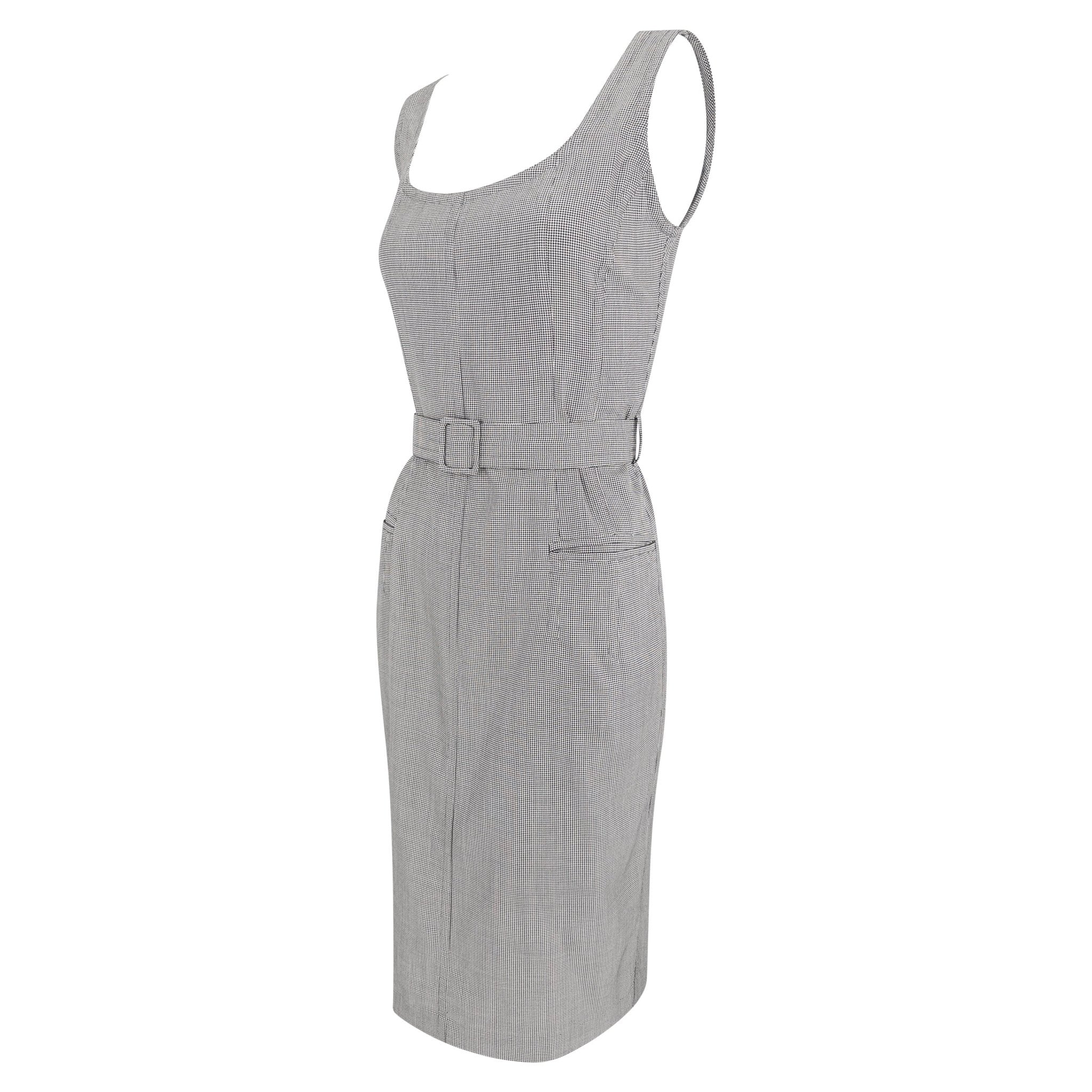 Late 1980s Jil Sander Houndstooth Wool Silk Belted Sleeveless Pencil Dress - RealList