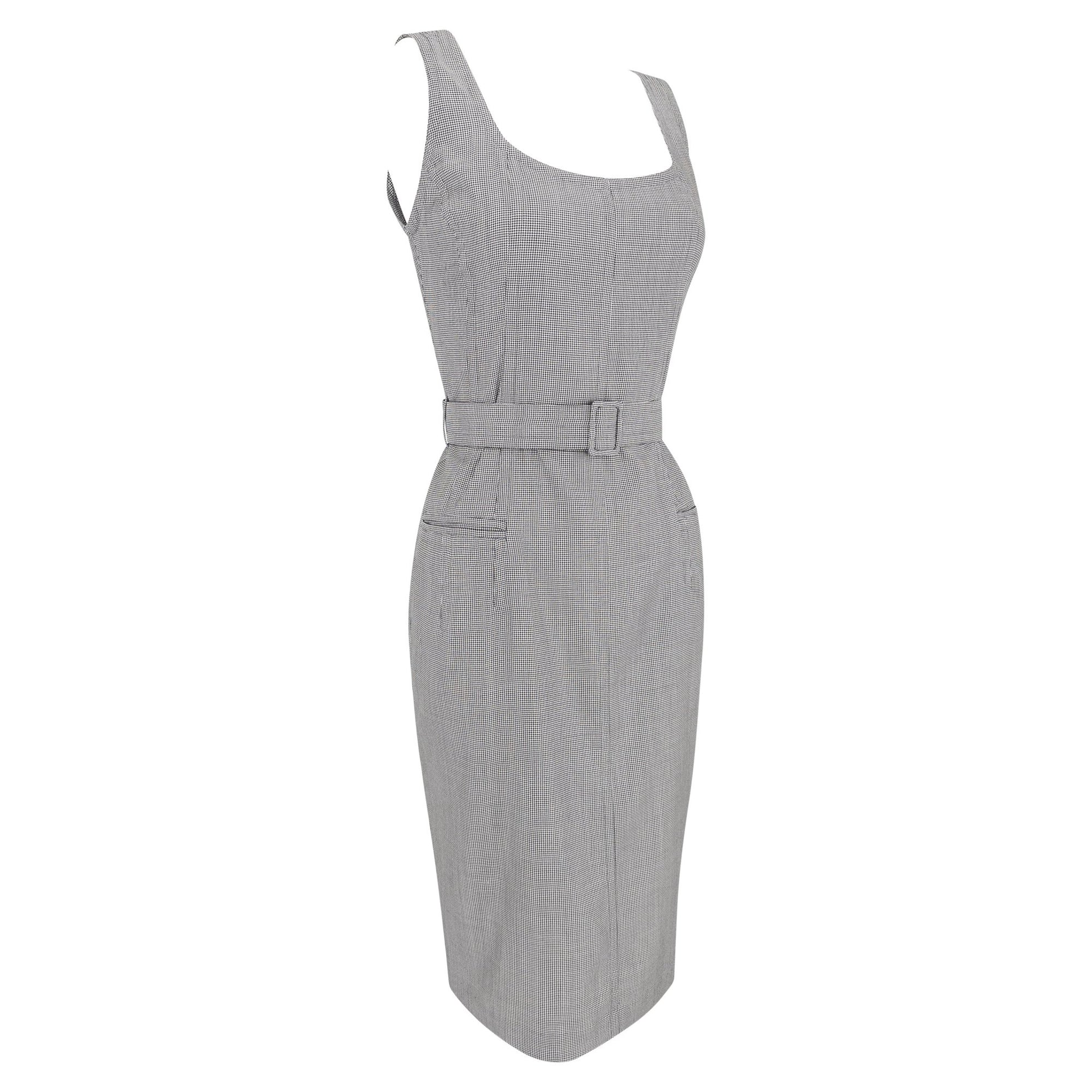 Late 1980s Jil Sander Houndstooth Wool Silk Belted Sleeveless Pencil Dress - RealList