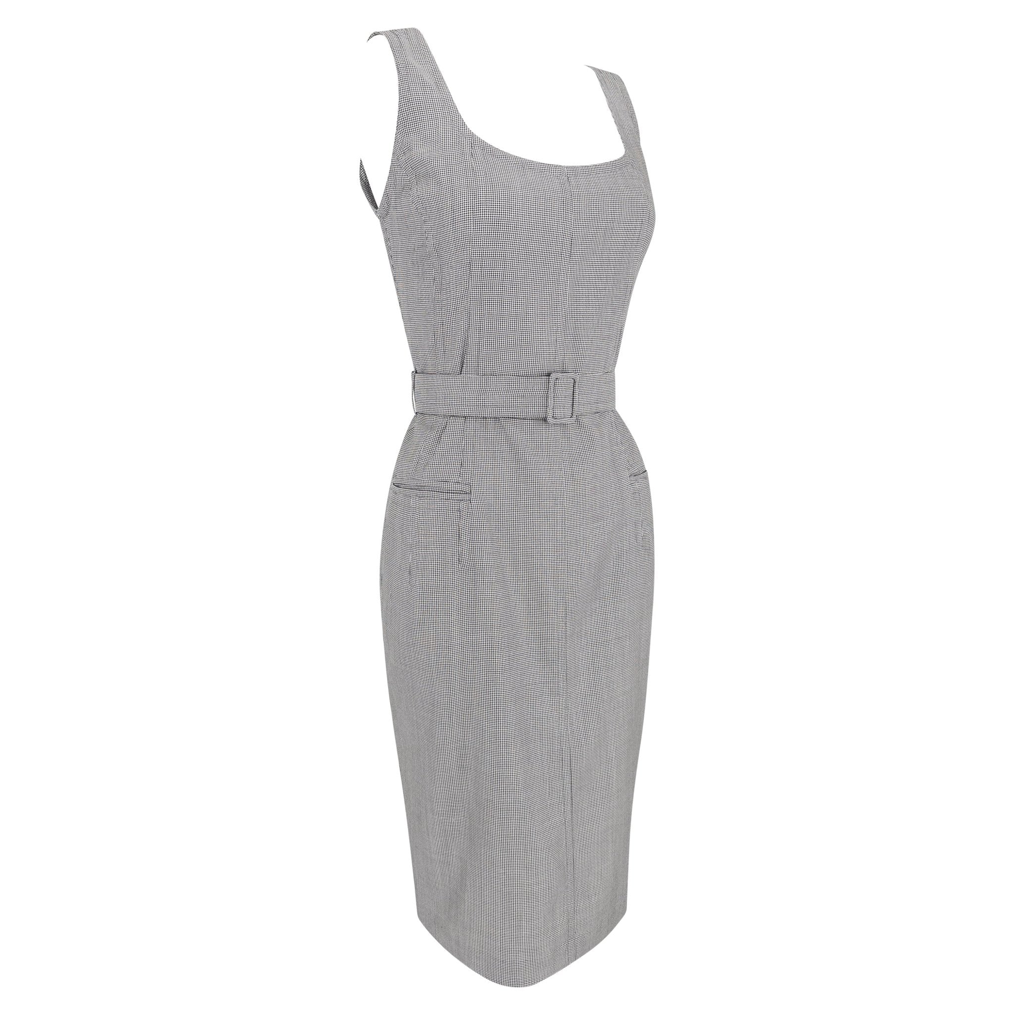Late 1980s Jil Sander Houndstooth Wool Silk Belted Sleeveless Pencil Dress - RealList