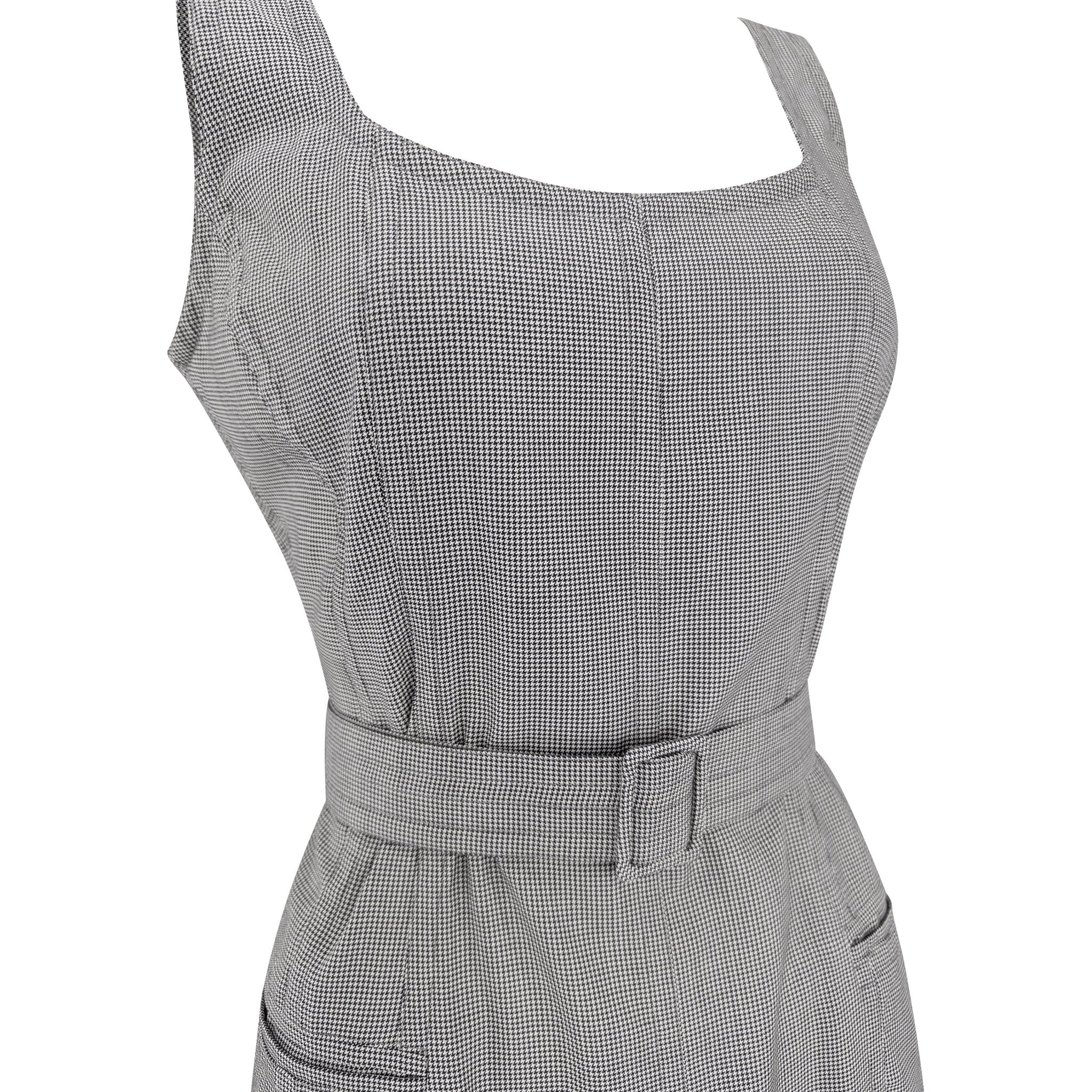 Late 1980s Jil Sander Houndstooth Wool Silk Belted Sleeveless Pencil Dress - RealList